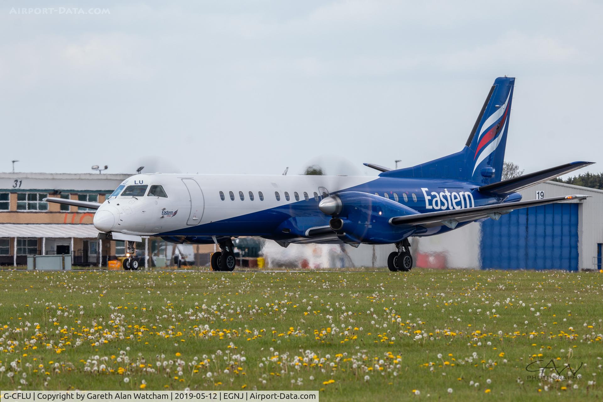 G-CFLU, 1998 Saab 2000 C/N 2000-055, Takeoff from Humberside Airport