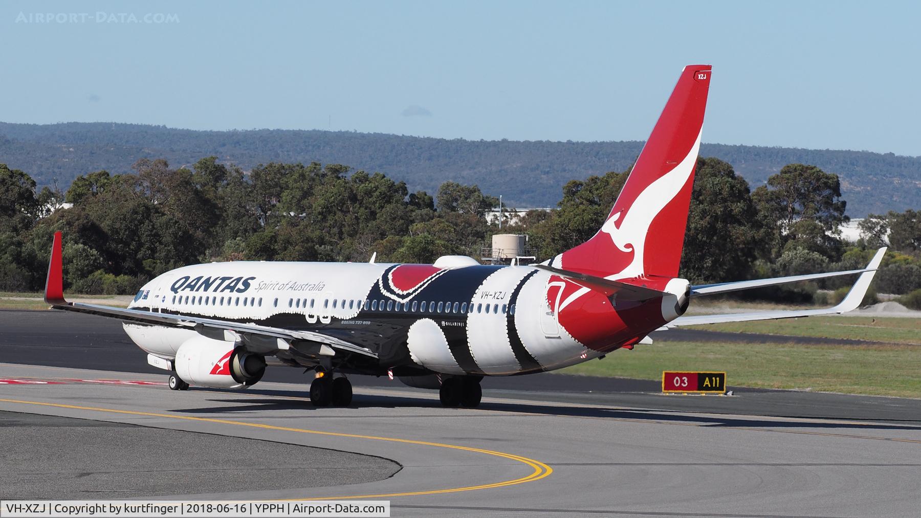 VH-XZJ, 2013 Boeing 737-838 C/N 39365, Boeing 737-800. Qantas VH-XZJ, awaiting clearance to line-up on runway 03, YPPH. 16/06/18.