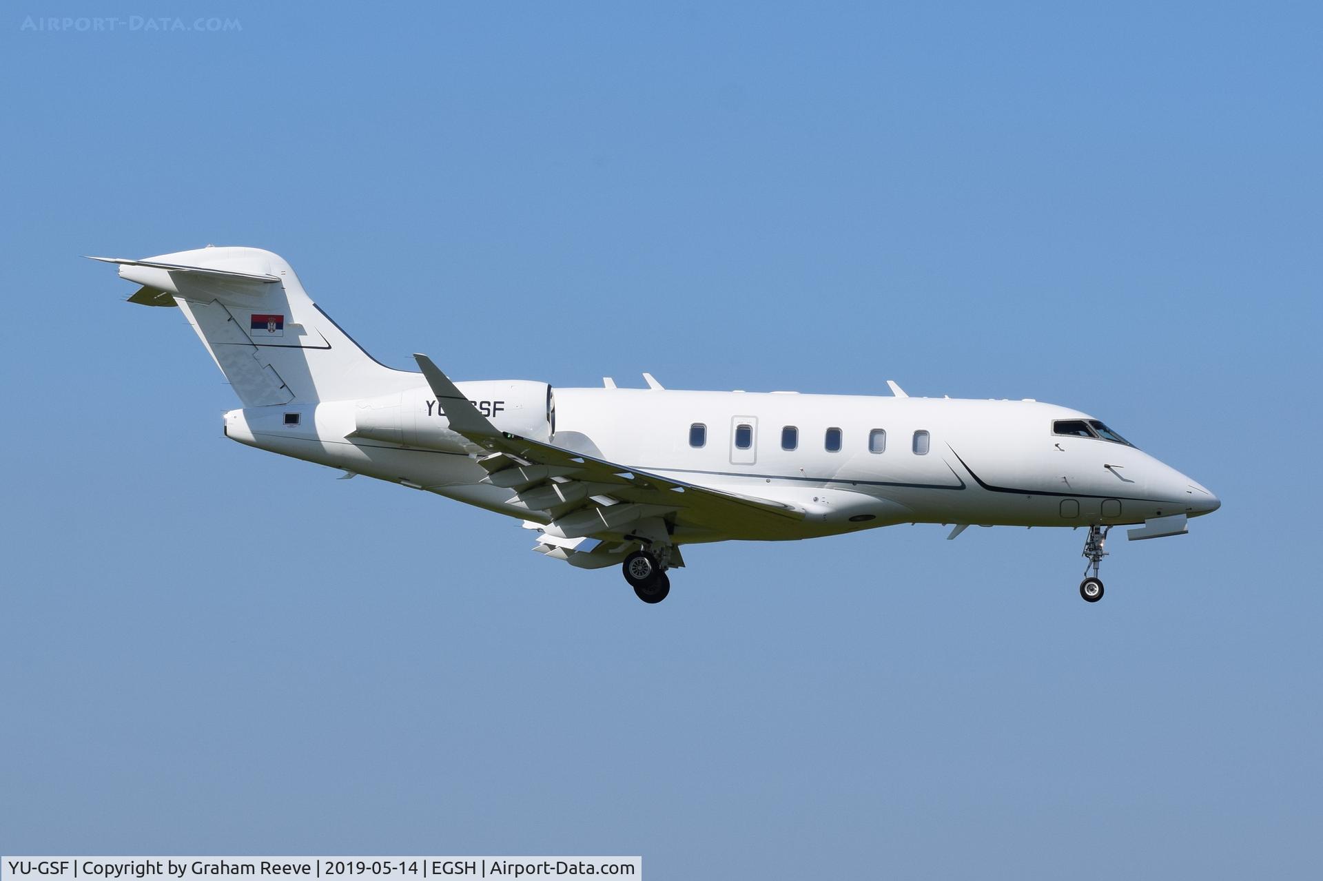 YU-GSF, 2018 Bombardier Challenger 350 (BD 100-1A10) C/N 20779, Landing at Norwich.