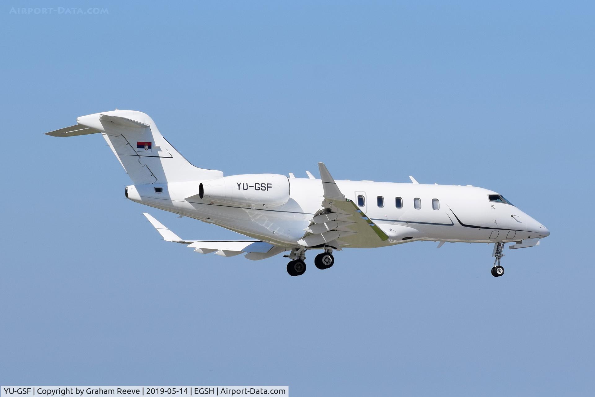 YU-GSF, 2018 Bombardier Challenger 350 (BD 100-1A10) C/N 20779, Landing at Norwich.