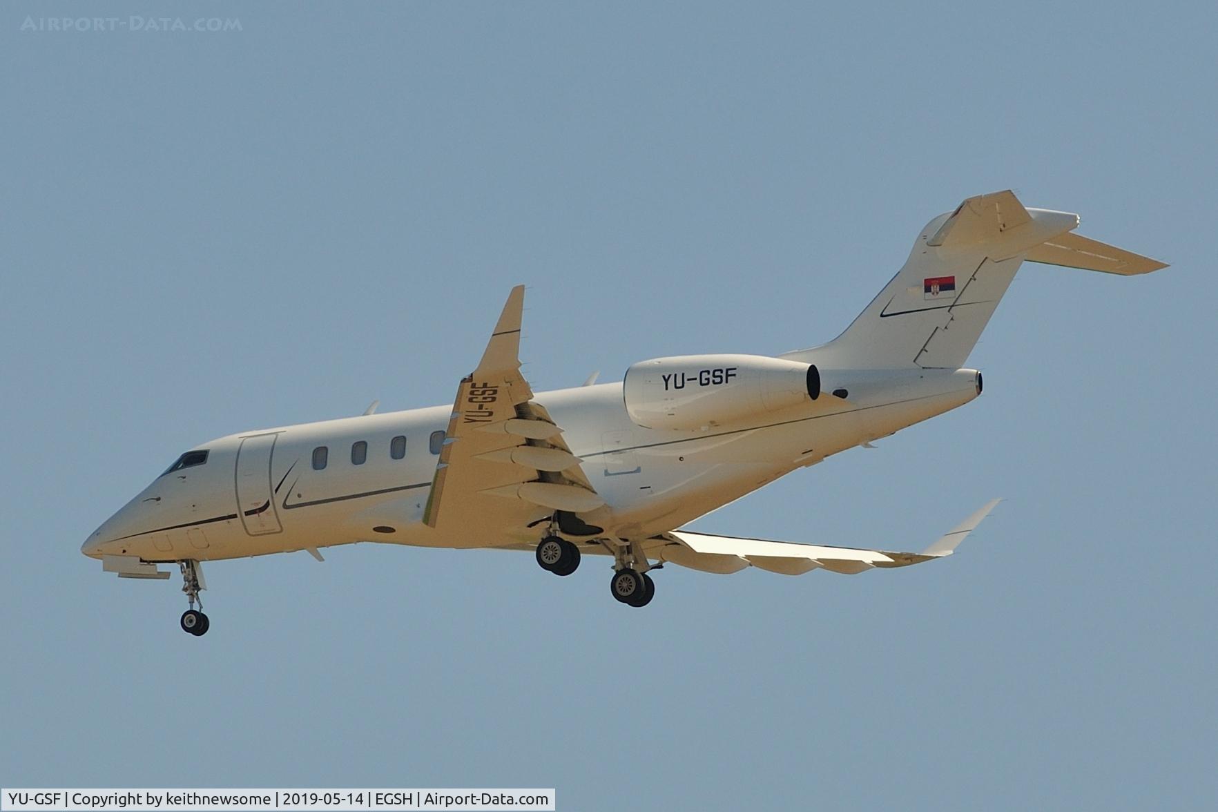 YU-GSF, 2018 Bombardier Challenger 350 (BD 100-1A10) C/N 20779, Landing onto runway 09 at Norwich.