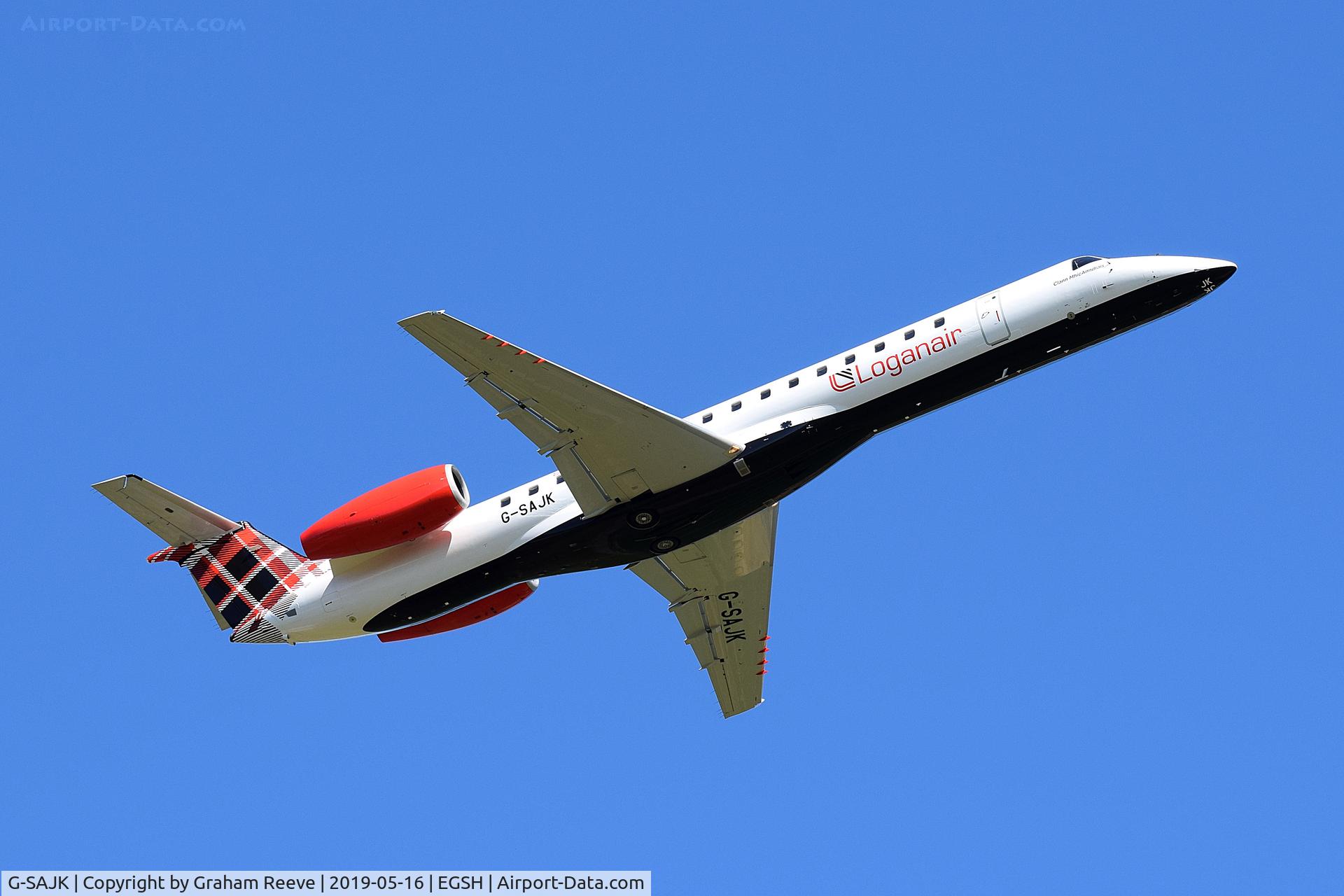 G-SAJK, 1999 Embraer EMB-145EP (ERJ-145EP) C/N 145153, Departing from Norwich.