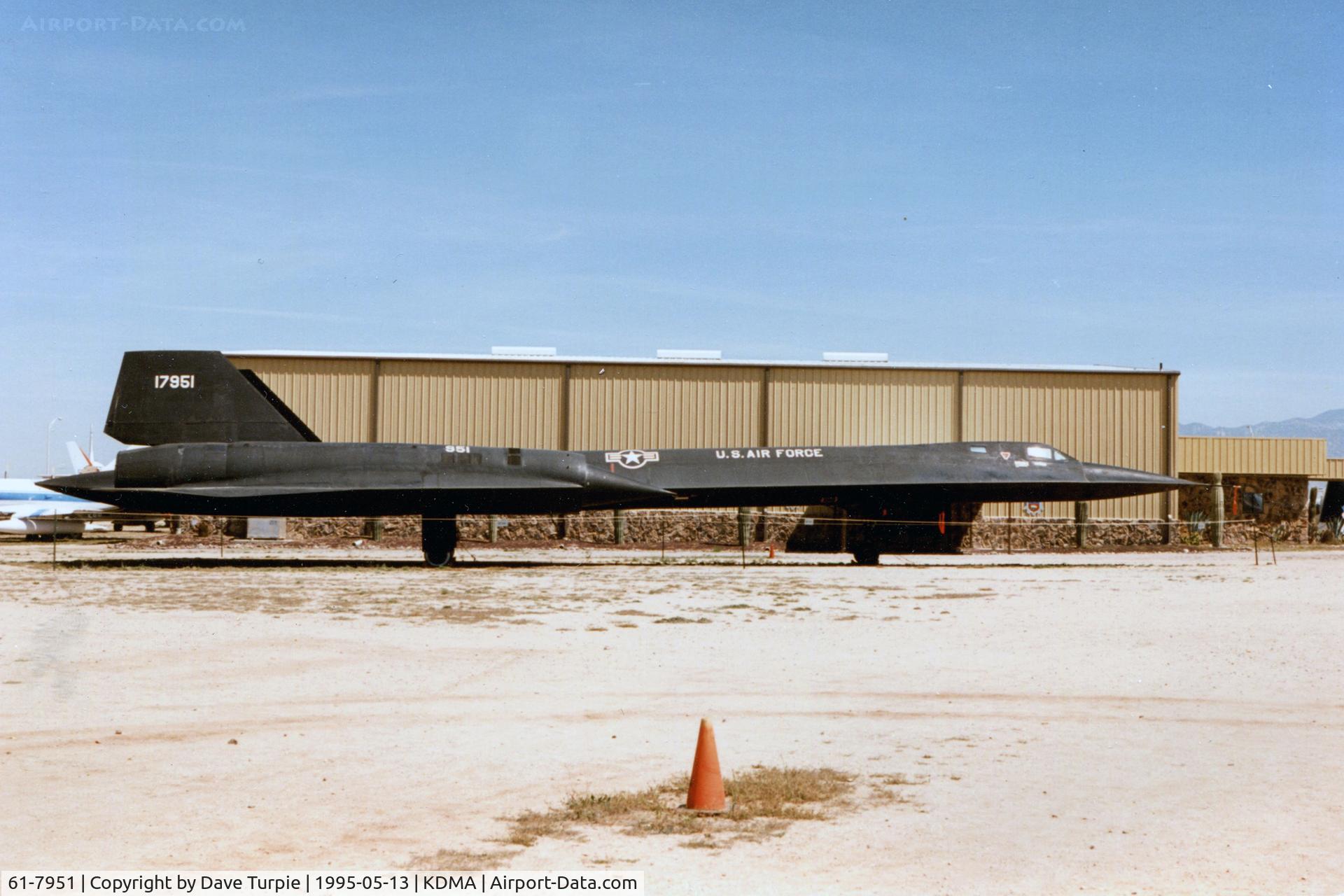 61-7951, 1961 Lockheed SR-71A Blackbird C/N 2002, On display prior to moving the plane inside. The plane was the second SR-71 built and the oldest surviving.  Per Pima Air Museum, it rolled off the assembly line 20 Oct 1964 and first flew on 5 Mar 1965.  It has been on dislay at the museum since 1991.