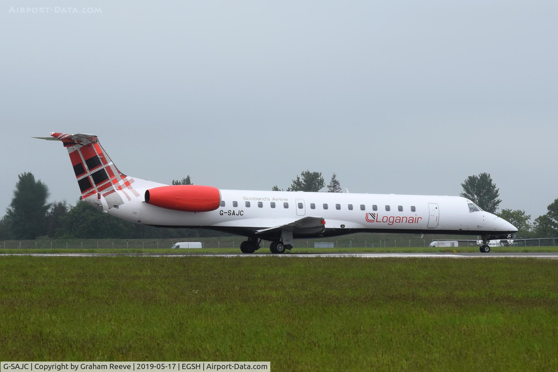 G-SAJC, 2000 Embraer EMB-145EP (ERJ-145EP) C/N 145280, Departing from Norwich.