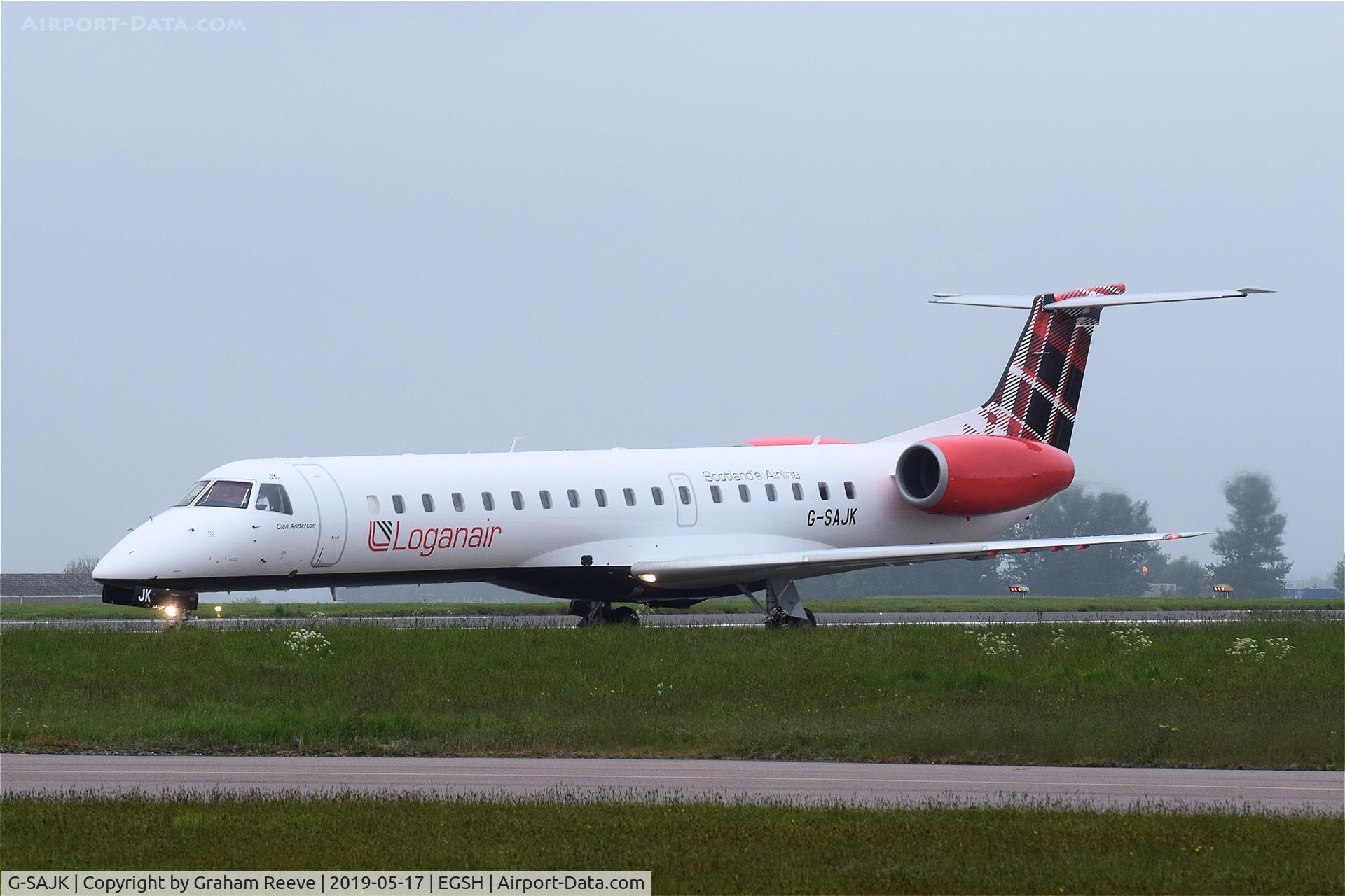 G-SAJK, 1999 Embraer EMB-145EP (ERJ-145EP) C/N 145153, Departing from Norwich.