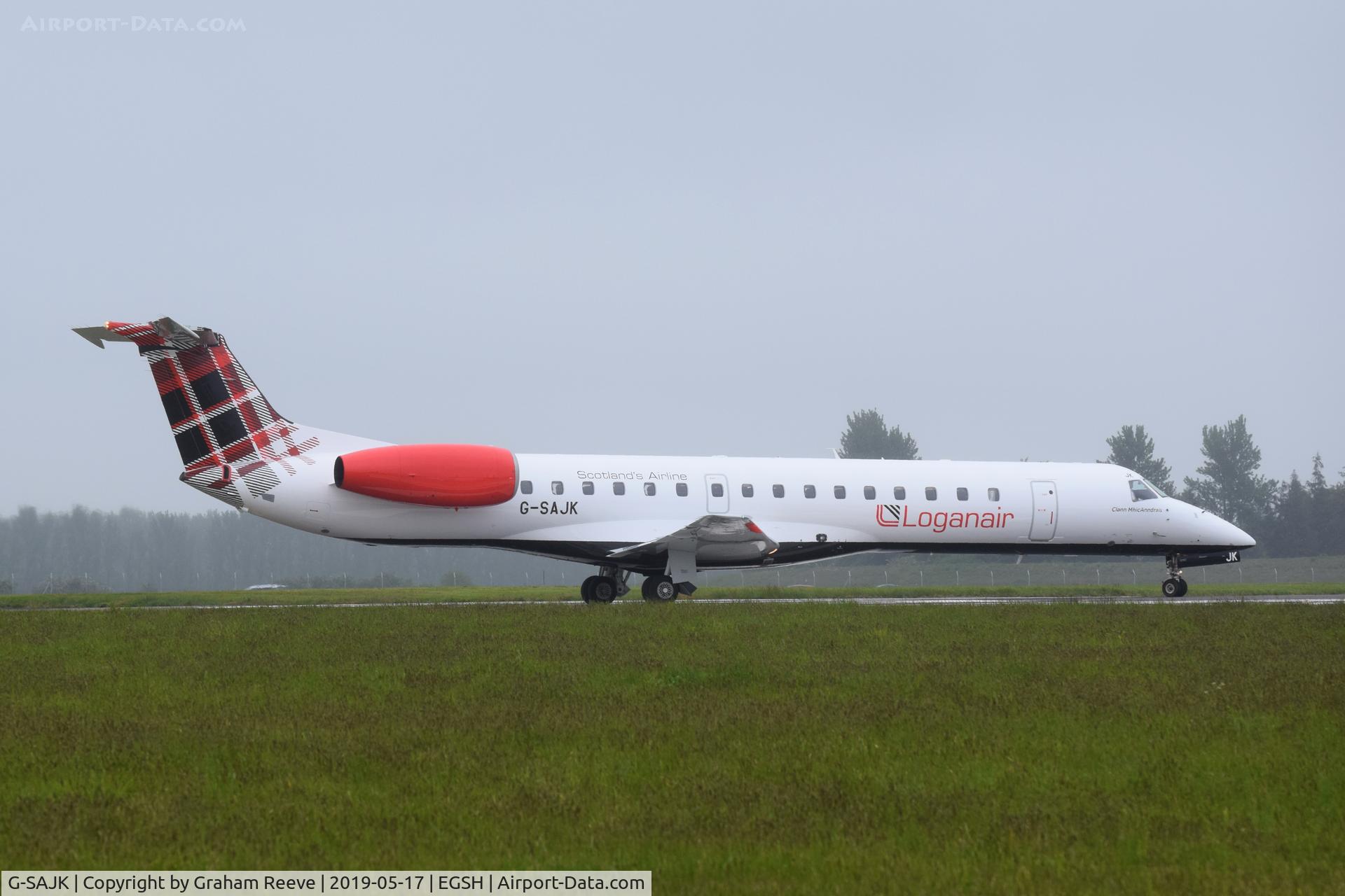 G-SAJK, 1999 Embraer EMB-145EP (ERJ-145EP) C/N 145153, Departing from Norwich.