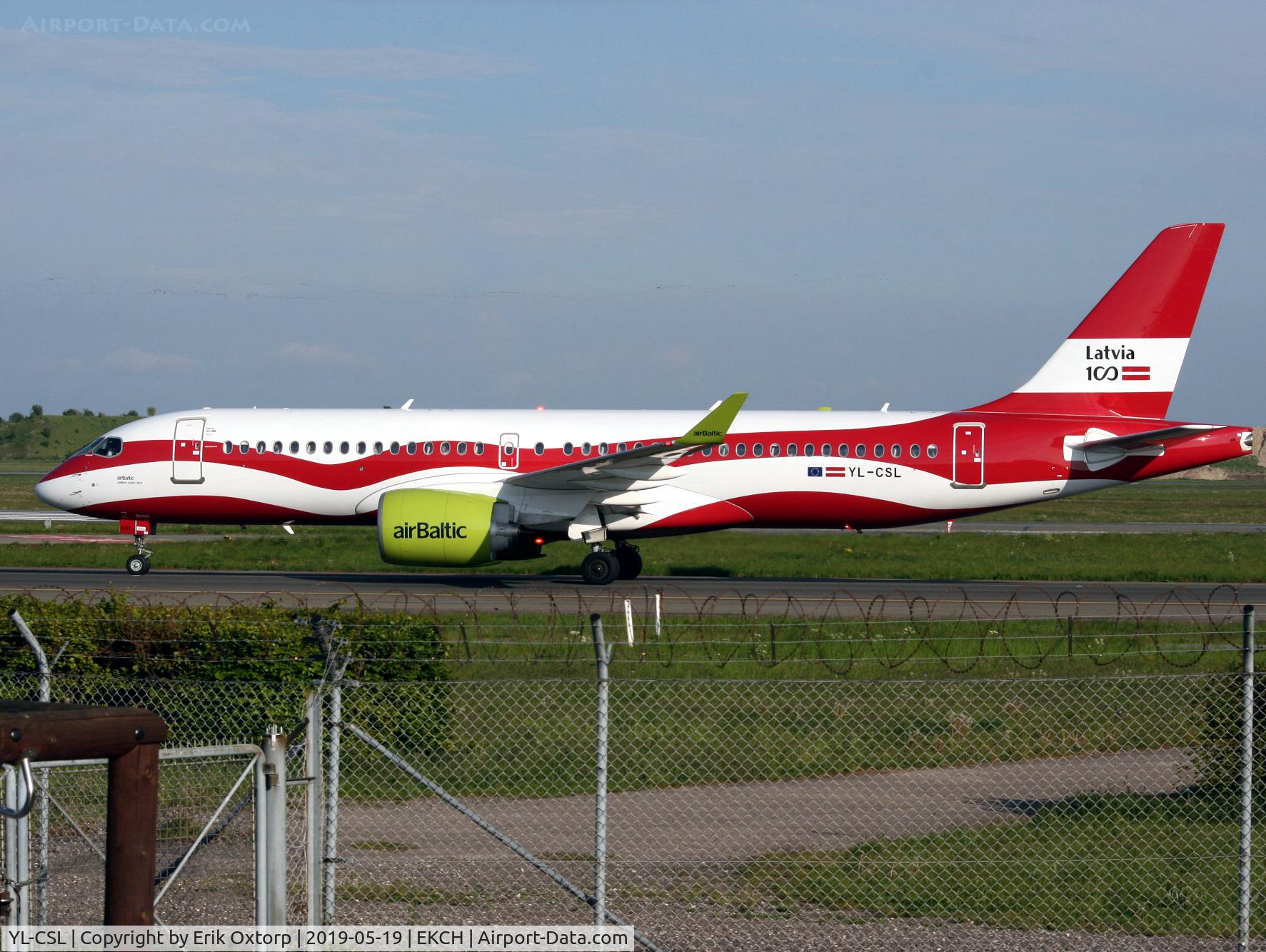 YL-CSL, 2018 Airbus A220-300 C/N 55041, YL-CSL in Air Baltic Latvia’s 100th anniversary livery,  landed rw 04L