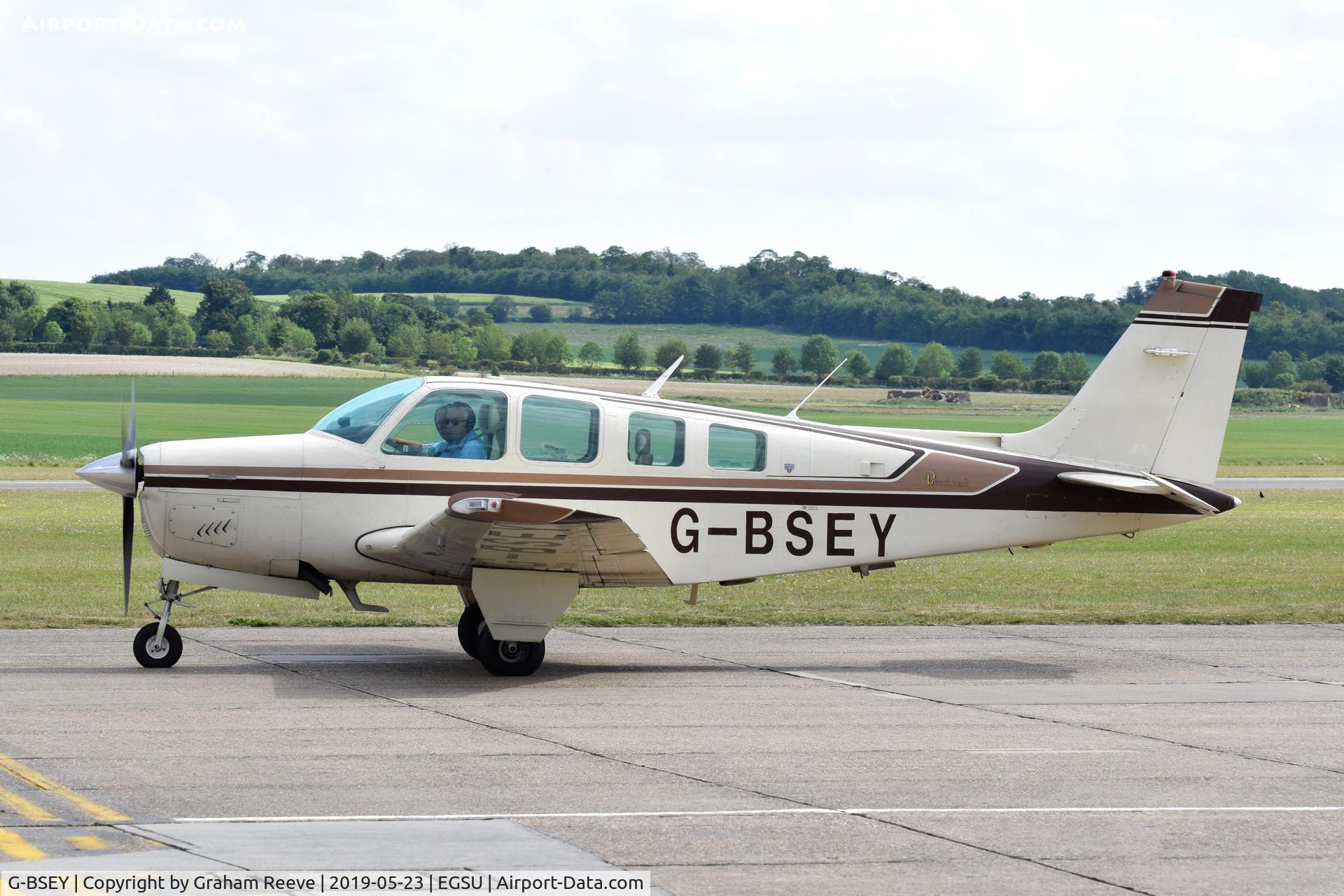 G-BSEY, 1981 Beech A36 Bonanza 36 C/N E-1873, Departing from Duxford.