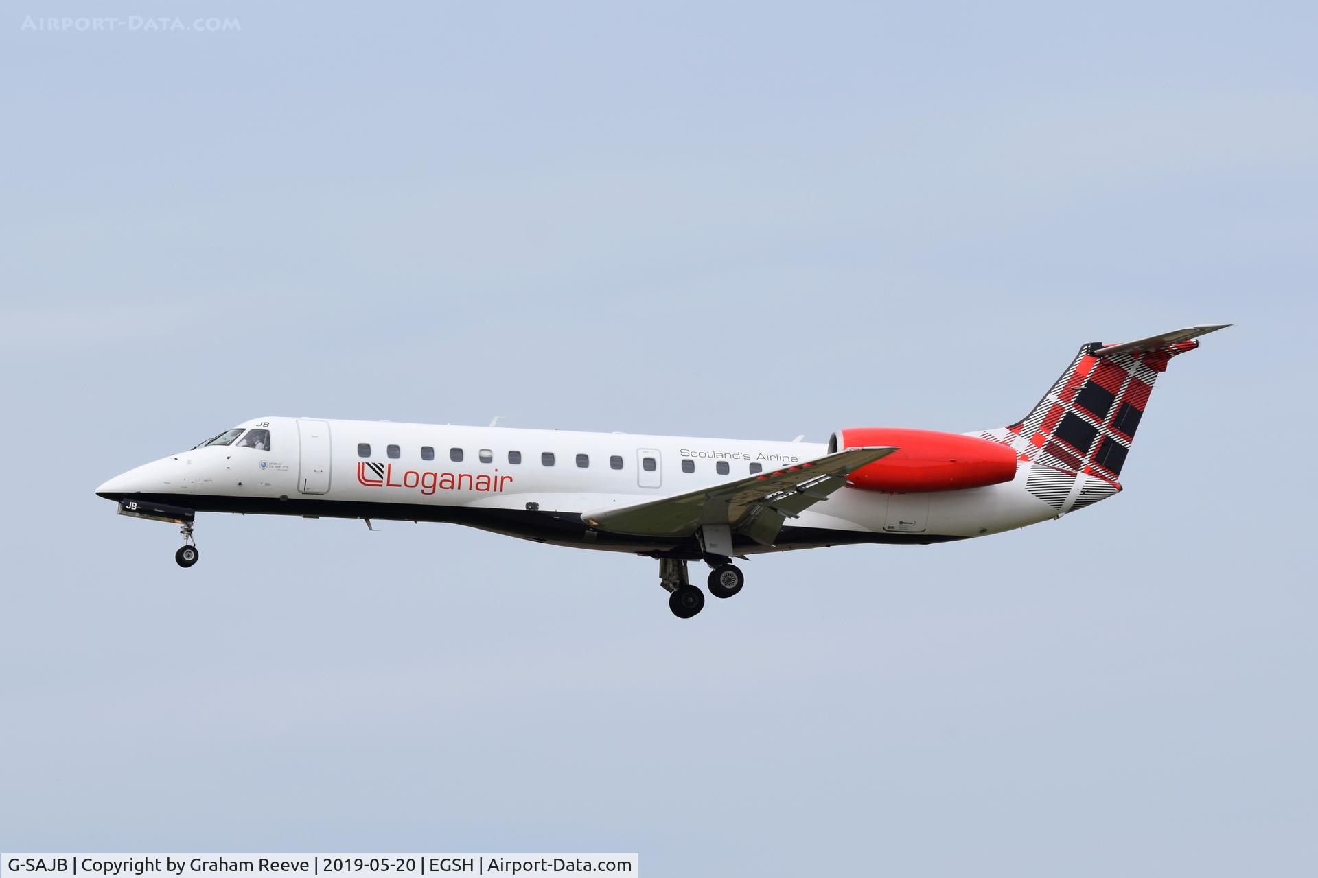G-SAJB, 2001 Embraer ERJ-135ER (EMB-135ER) C/N 145473, Landing at Norwich.