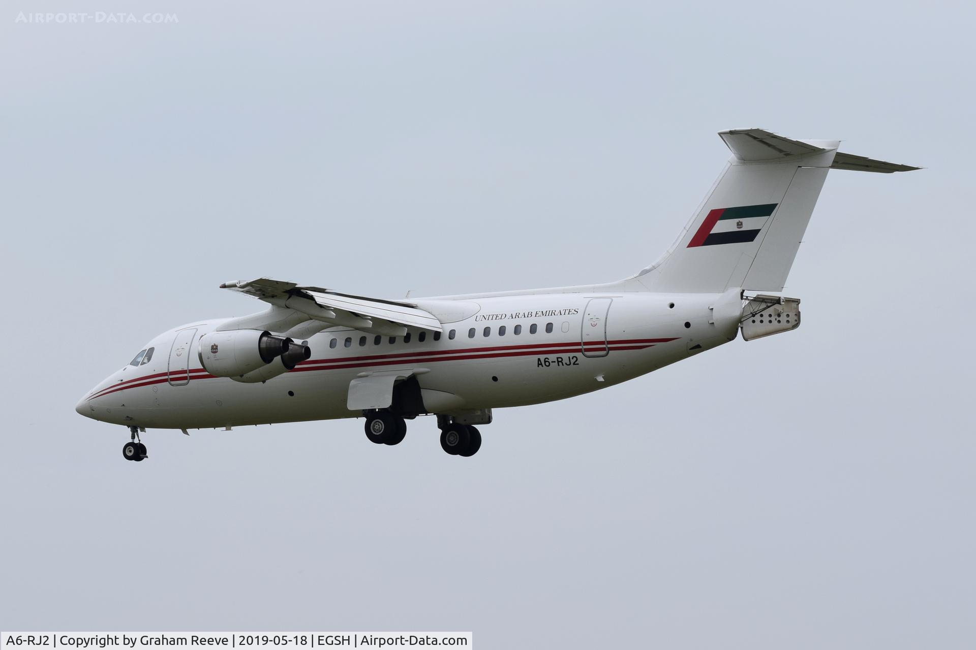 A6-RJ2, 1998 British Aerospace Avro 146-RJ85A C/N E2325, Landing at Norwich.