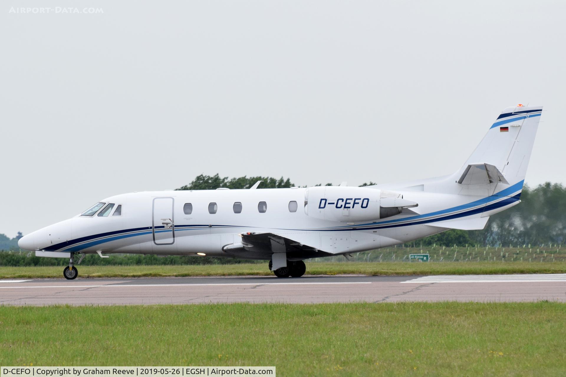 D-CEFO, 2011 Cessna 560XL Citation Excel XLS+ C/N 560-6082, Departing from Norwich.