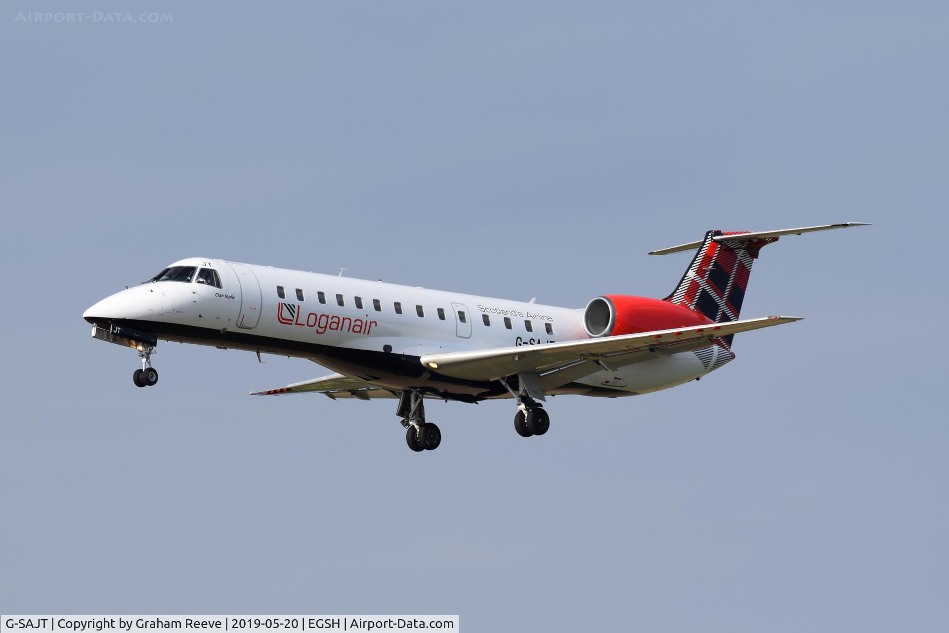 G-SAJT, 2001 Embraer ERJ-135ER (EMB-135ER) C/N 145376, Landing at Norwich.
