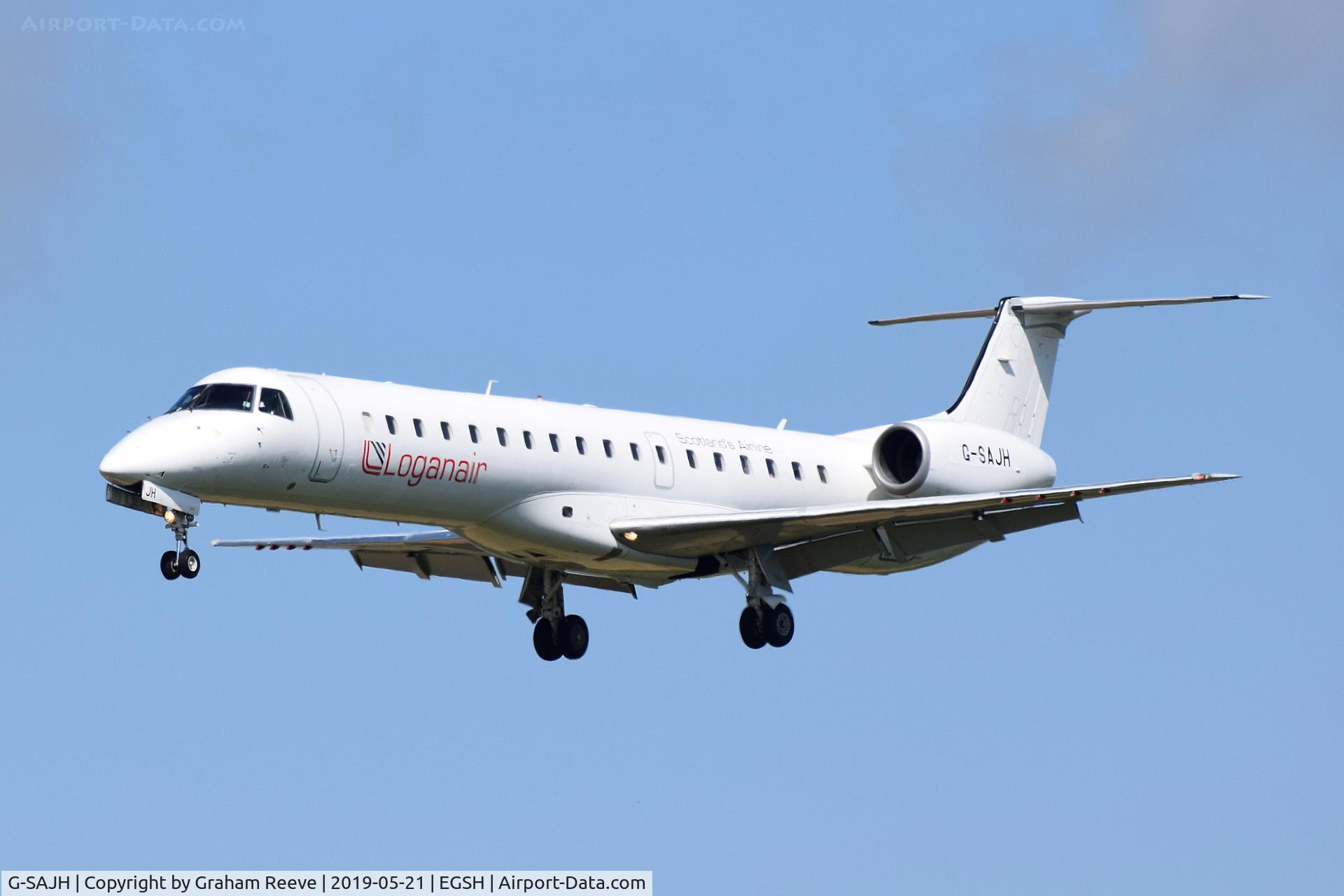 G-SAJH, 1999 Embraer EMB-145EP (ERJ-145EP) C/N 145134, Landing at Norwich.