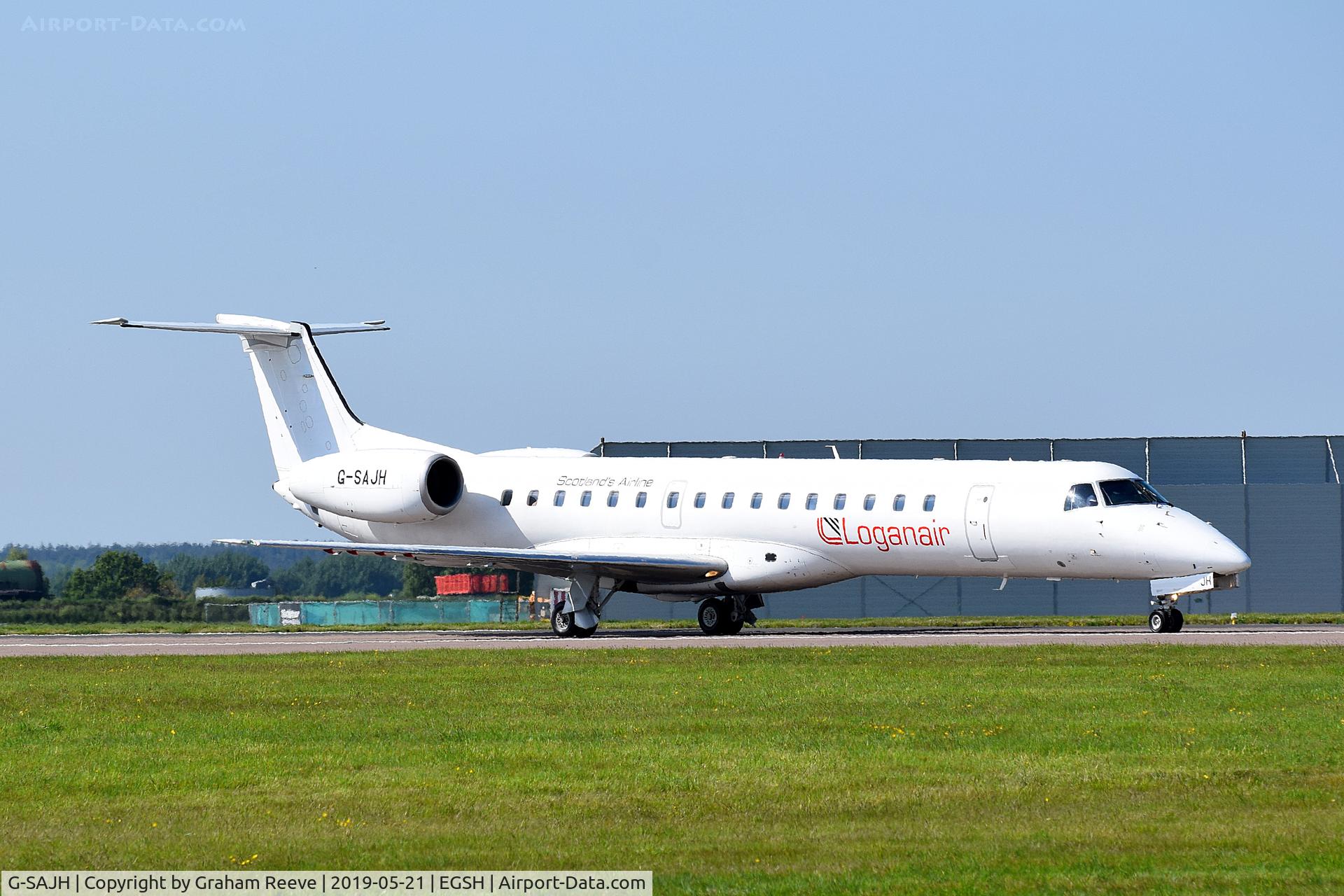 G-SAJH, 1999 Embraer EMB-145EP (ERJ-145EP) C/N 145134, Departing from Norwich.