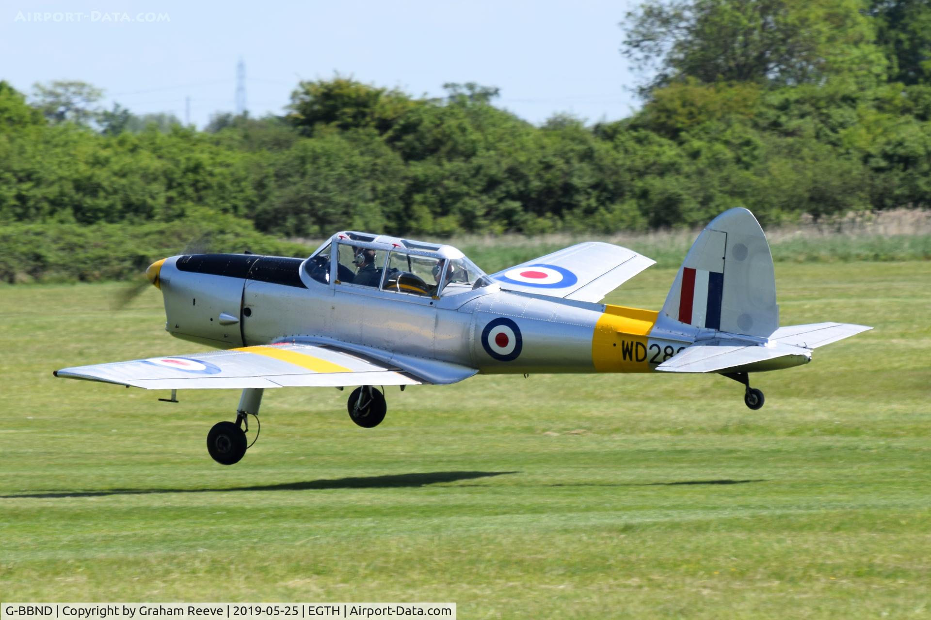 G-BBND, 1950 De Havilland DHC-1 Chipmunk T.10 C/N C1/0225, Departing from Old Warden.
