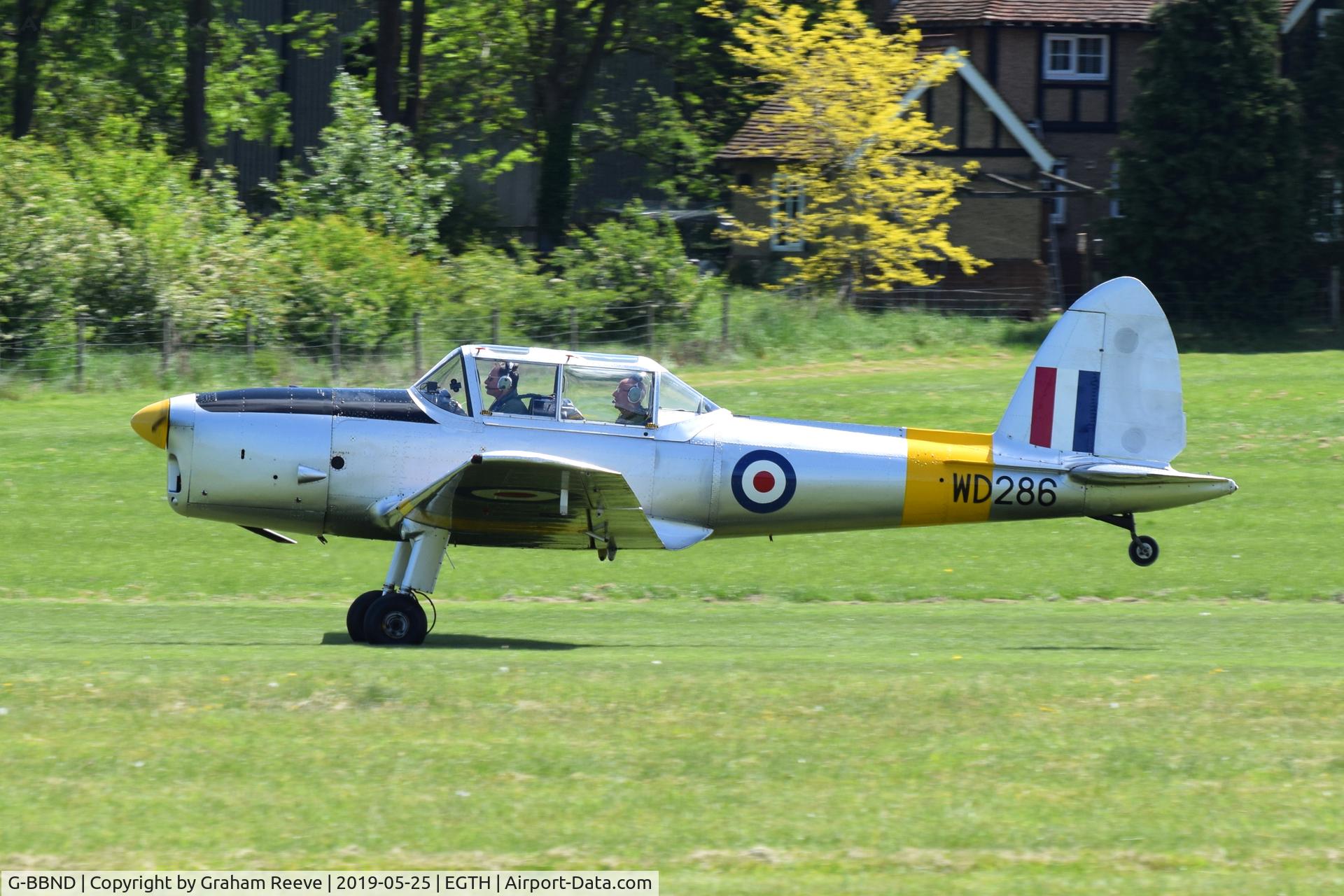 G-BBND, 1950 De Havilland DHC-1 Chipmunk T.10 C/N C1/0225, Departing from Old Warden.