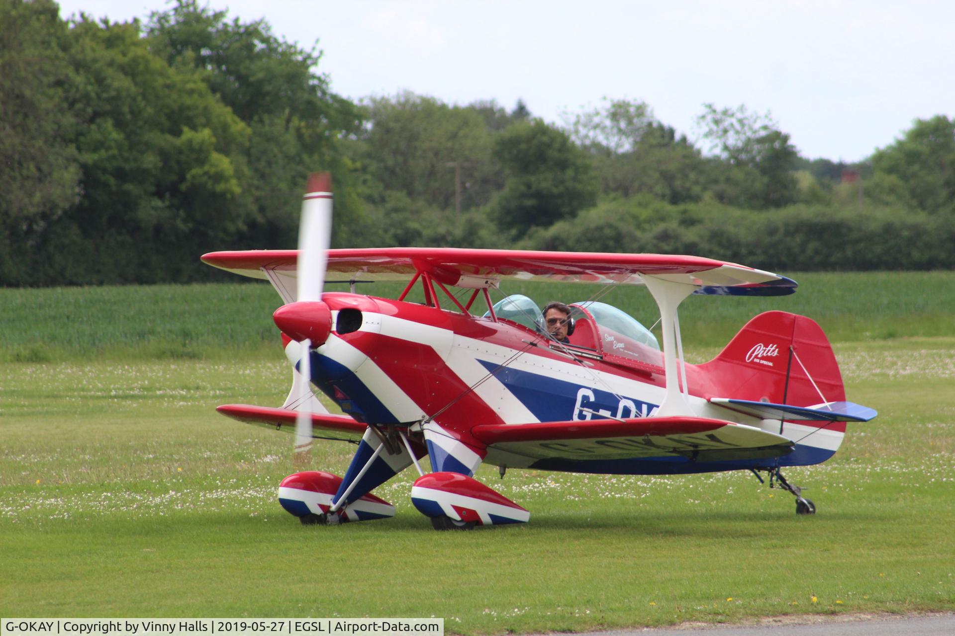 G-OKAY, 1977 Pitts S-1E Special C/N 12358, In Union flag livery taxing for refuel at Andrewsfield