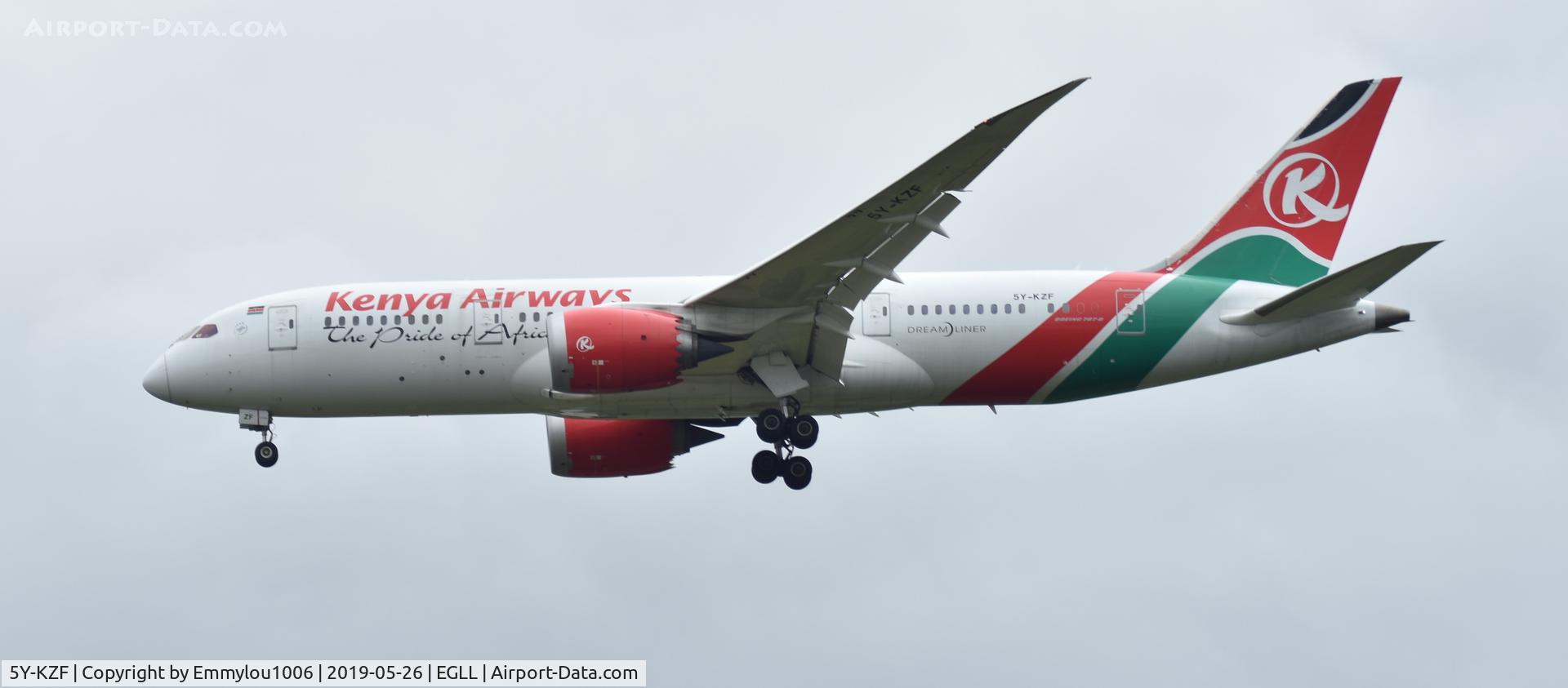 5Y-KZF, 2014 Boeing 787-8 Dreamliner C/N 36043, LANDING ON 27R OVER BA MAINTENANCE HUB