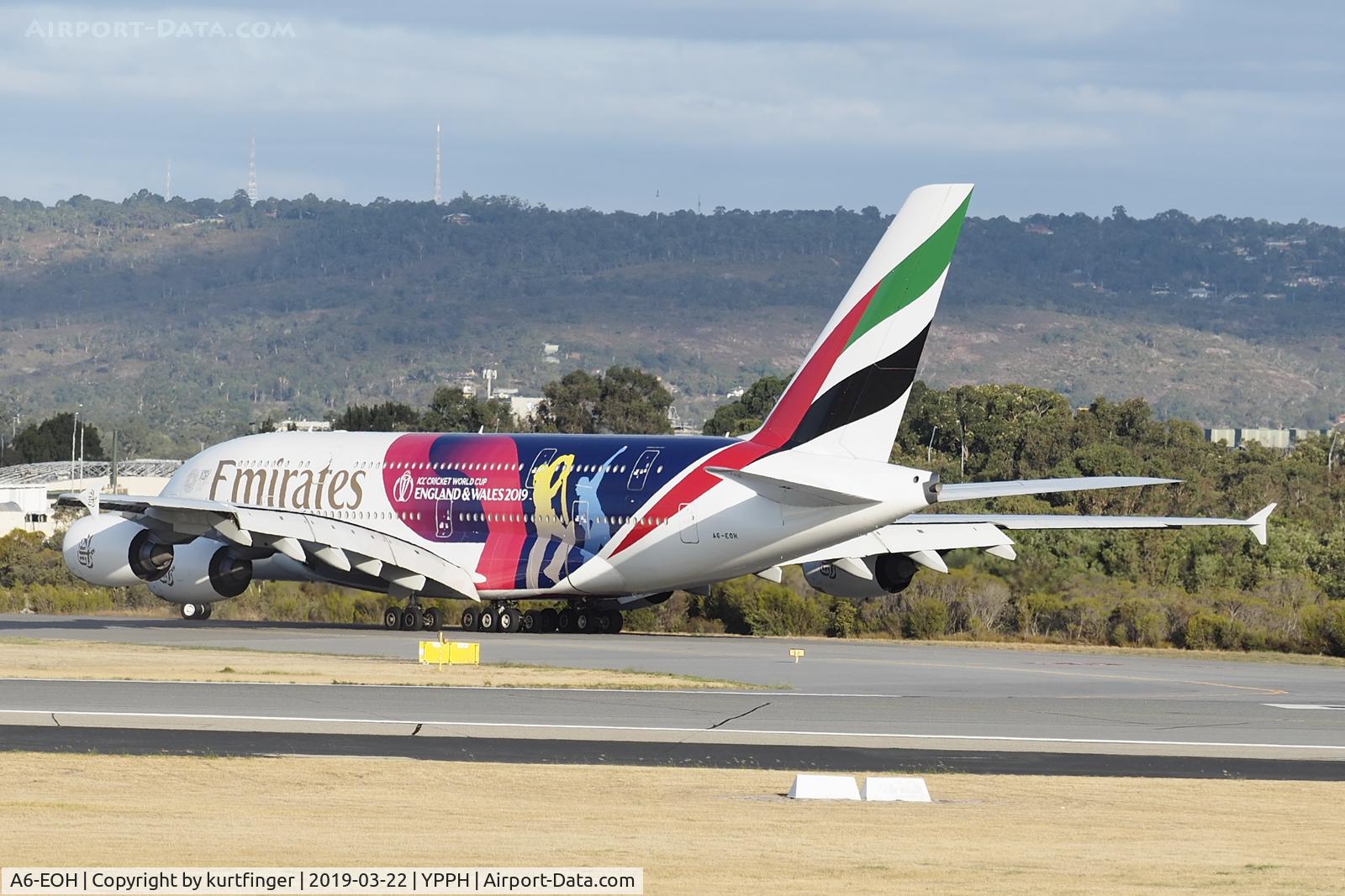 A6-EOH, 2014 Airbus A380-861 C/N 174, Airbus A380-388. Emirates A6-EOH. Heading for the terminals, YPPH 22/03/19.