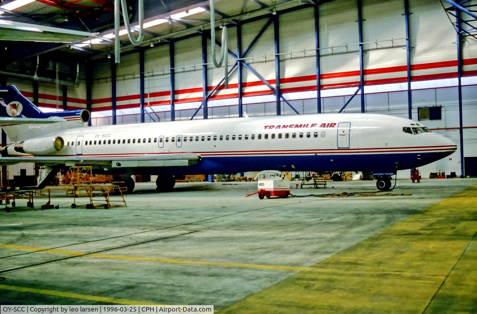 OY-SCC, 1979 Boeing 727-212 C/N 21945, Copenhagen 25.3.1996 after lease to Transmile Air , Malaysia.