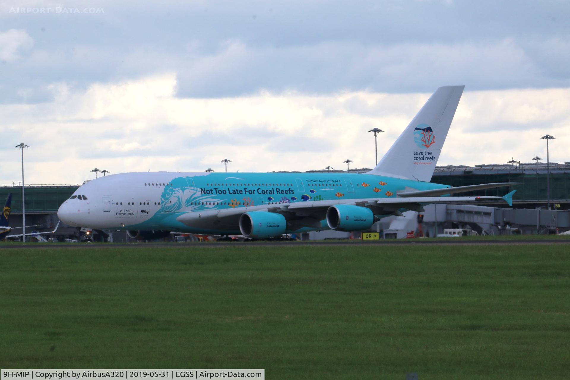 9H-MIP, 2006 Airbus A380-841 C/N 006, departing london stansted