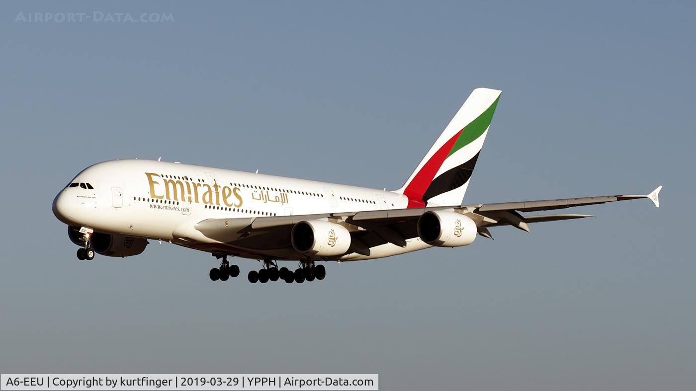 A6-EEU, 2013 Airbus A380-861 C/N 147, Airbus A380-861. Emirates A6-EEU shortly before touch down runway 03, YPPH, 29/03/19.