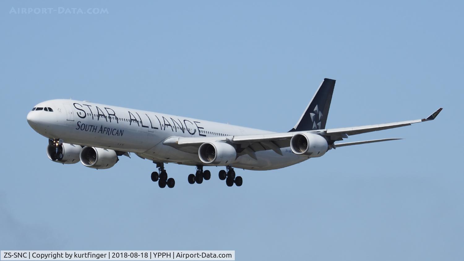 ZS-SNC, 2003 Airbus A340-642 C/N 426, Airbus A340-642. South African Airways ZS-SNC final runway 03, YPPH, 18/08/18.