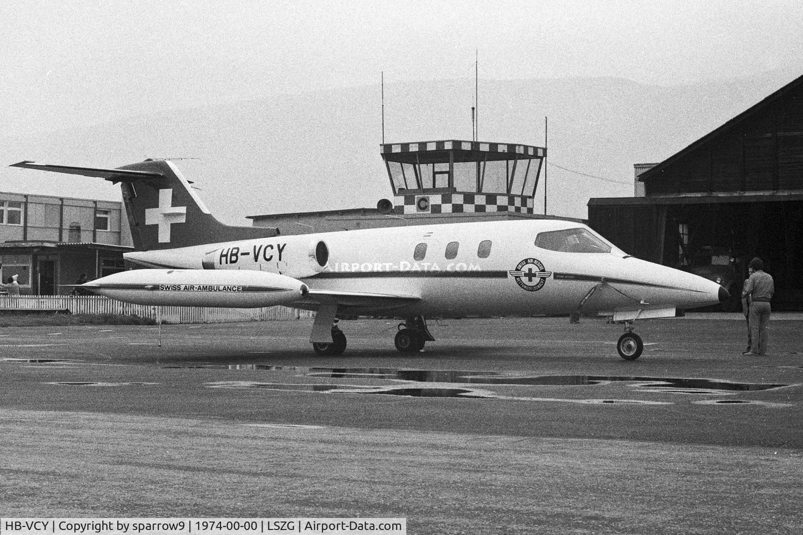 HB-VCY, 1972 Gates Learjet 24D C/N 267, HB-registered from 1973-04-13 til 1977-11-30 and from 1983-06-22 til 1984-09-11. At Grenchen. Scanned from a b+w-negative.