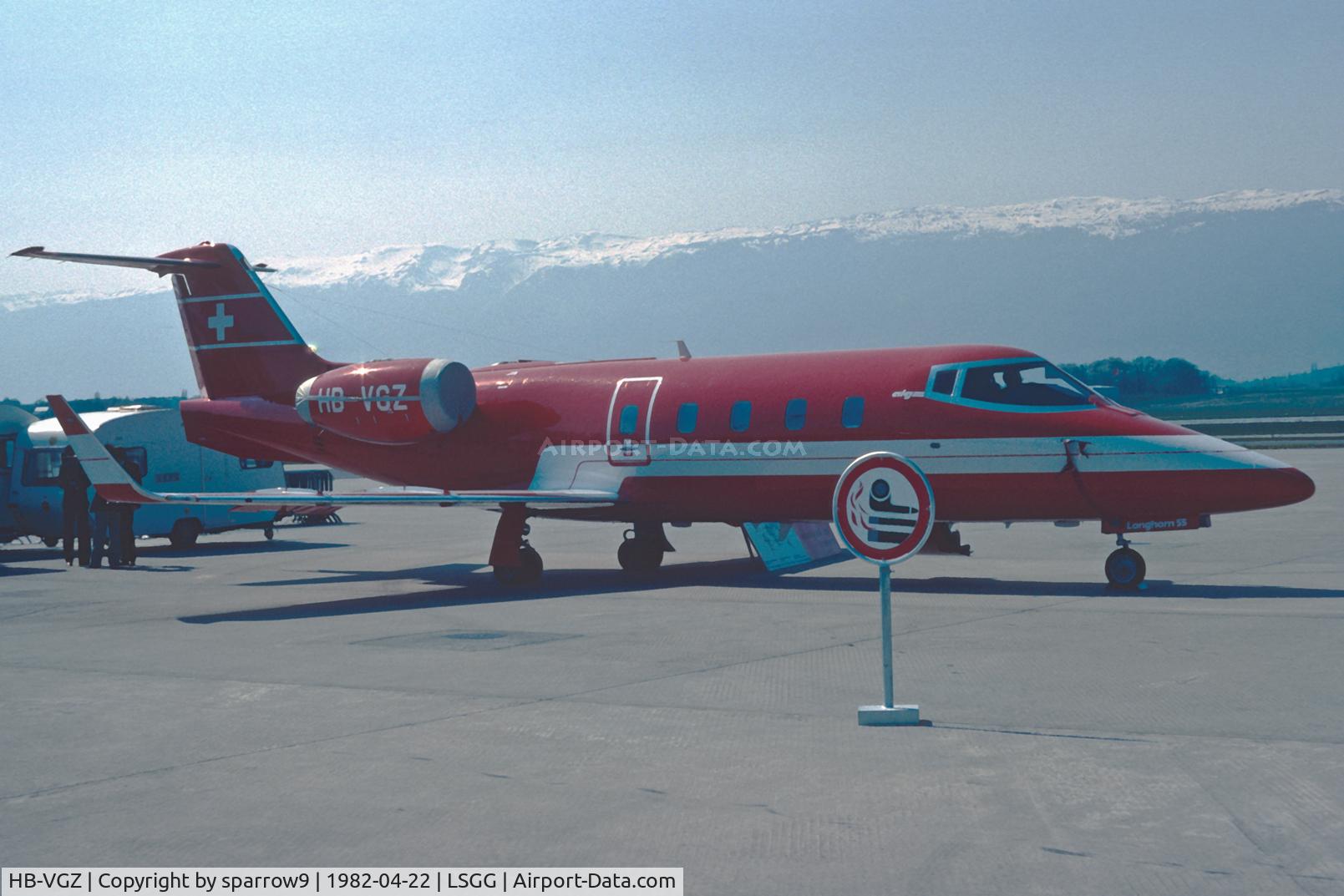 HB-VGZ, 1982 Gates Learjet 55 Longhorn C/N 55-024, MEDIC-AIR 1982 Geneva. Scanned from a slide.