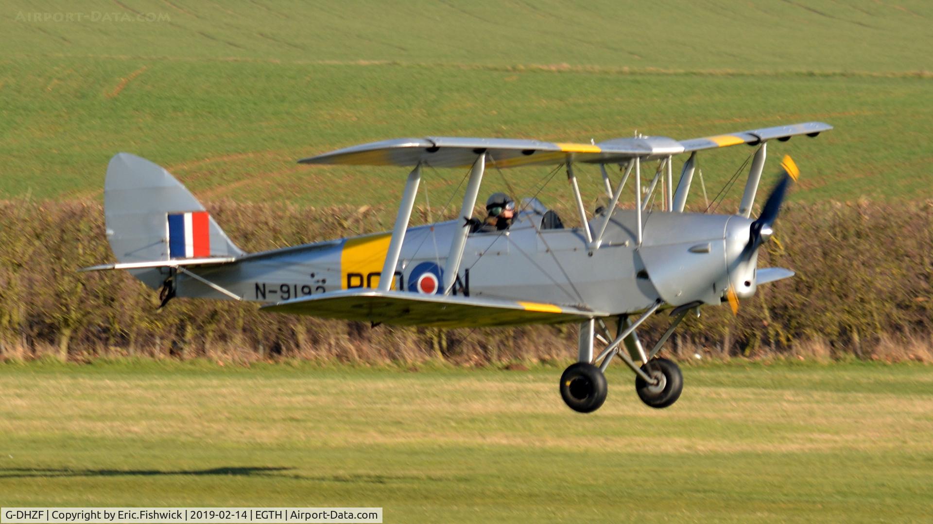 G-DHZF, 1939 De Havilland DH-82A Tiger Moth II C/N 82309, 42. G-DHZF departing the Shuttleworth Collection, Feb. 2019.