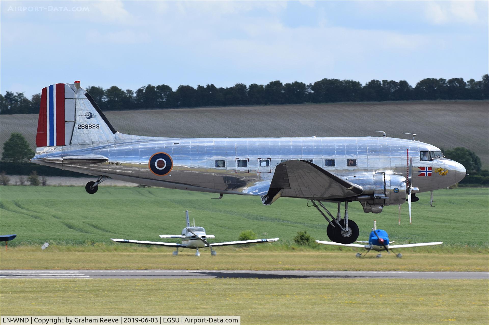 LN-WND, 1943 Douglas C-53D-DO Skytrooper (DC-3A) C/N 11750, Landing at Duxford.