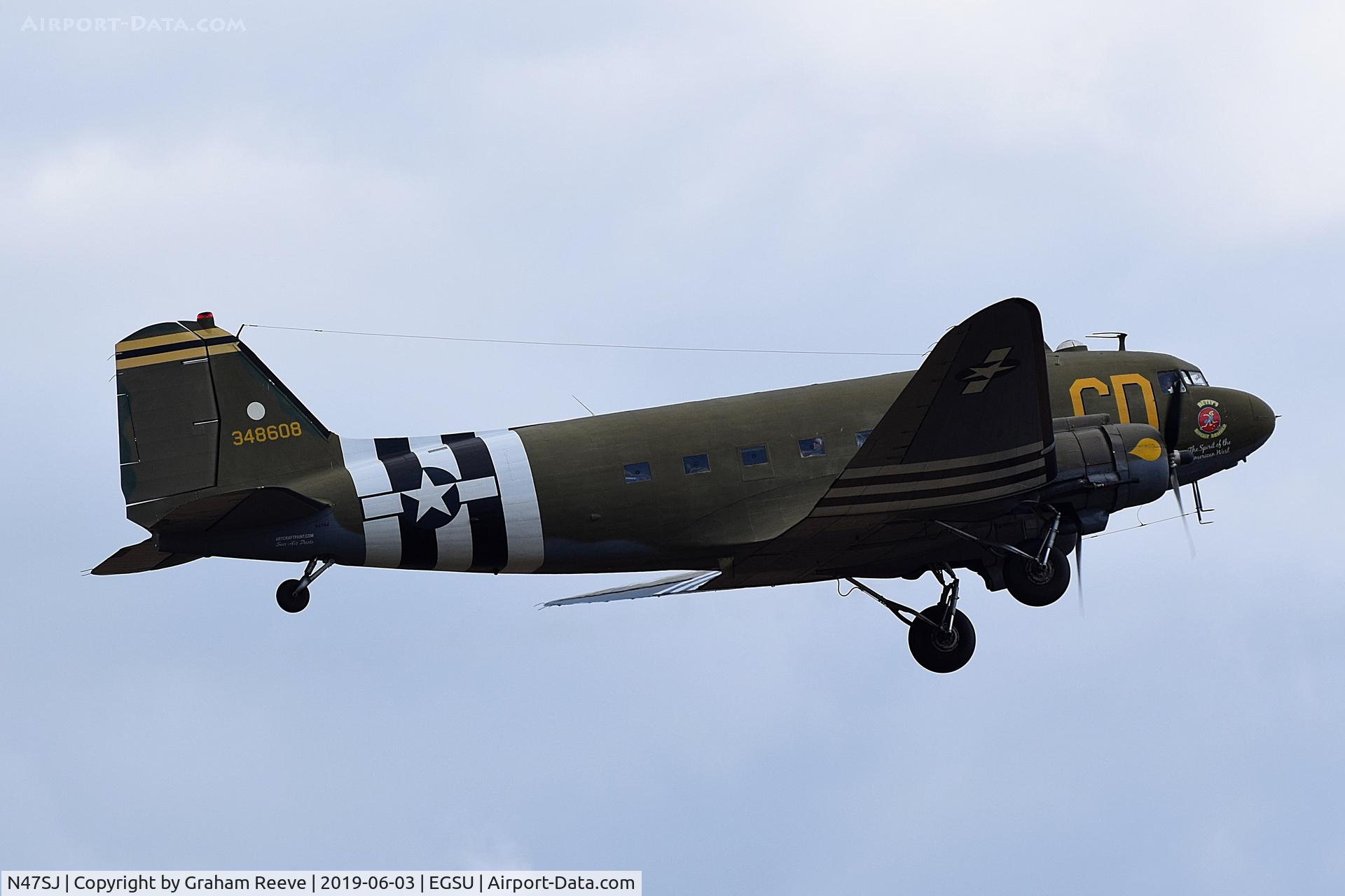 N47SJ, 1943 Douglas DC3C-R (C-47B-5-DK) C/N 14423, Departing from Duxford.