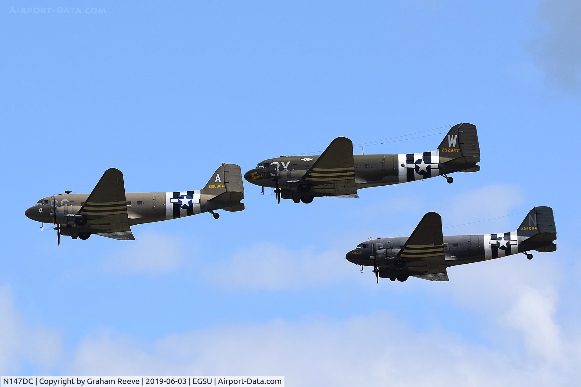 N147DC, 1943 Douglas C-47A-75-DL Skytrain C/N 19347, N147DC leads, N74889 and N47TB in a fly past at Duxford.