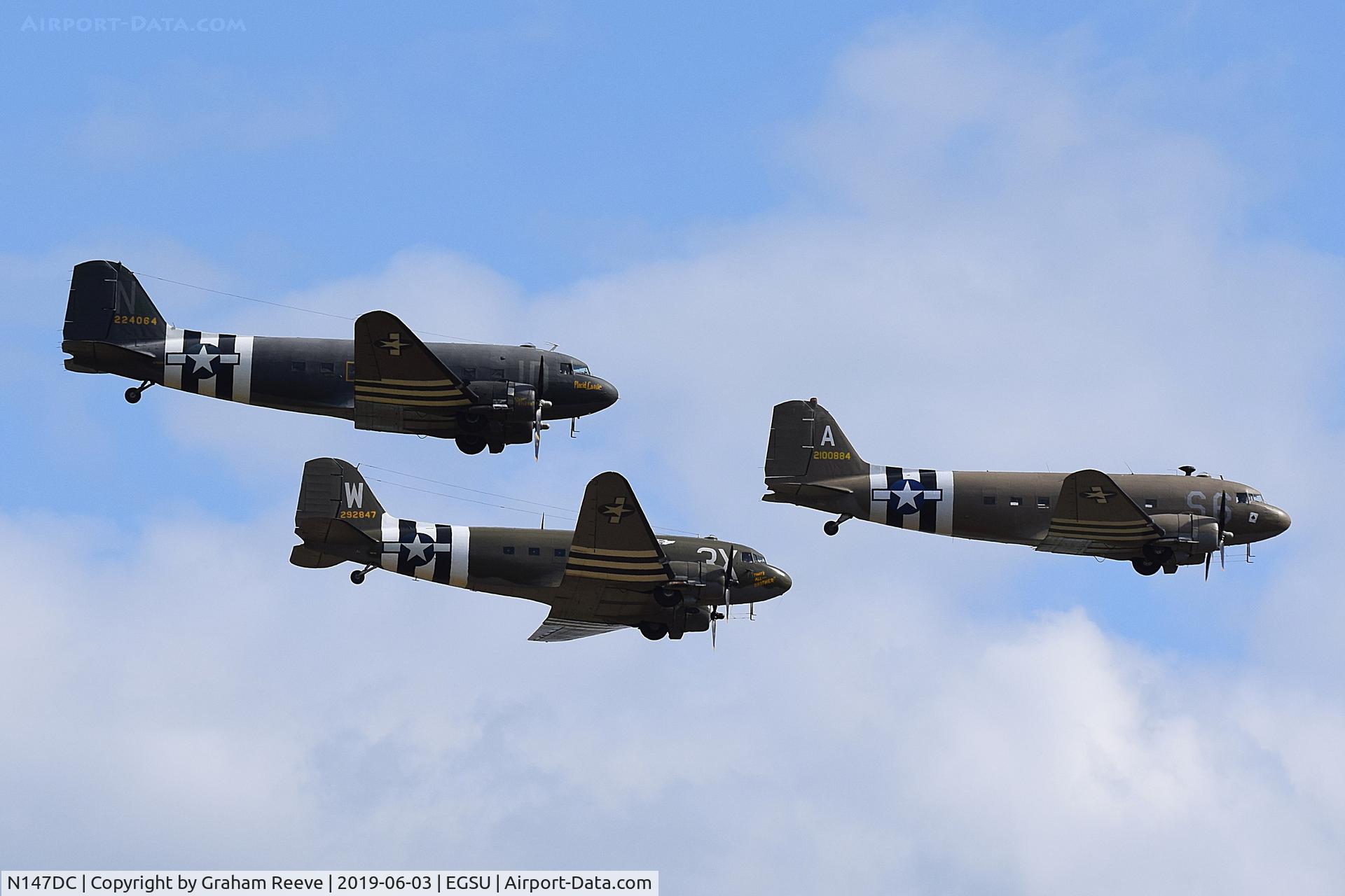 N147DC, 1943 Douglas C-47A-75-DL Skytrain C/N 19347, N147DC leads, N74889 and N47TB in a fly past at Duxford.