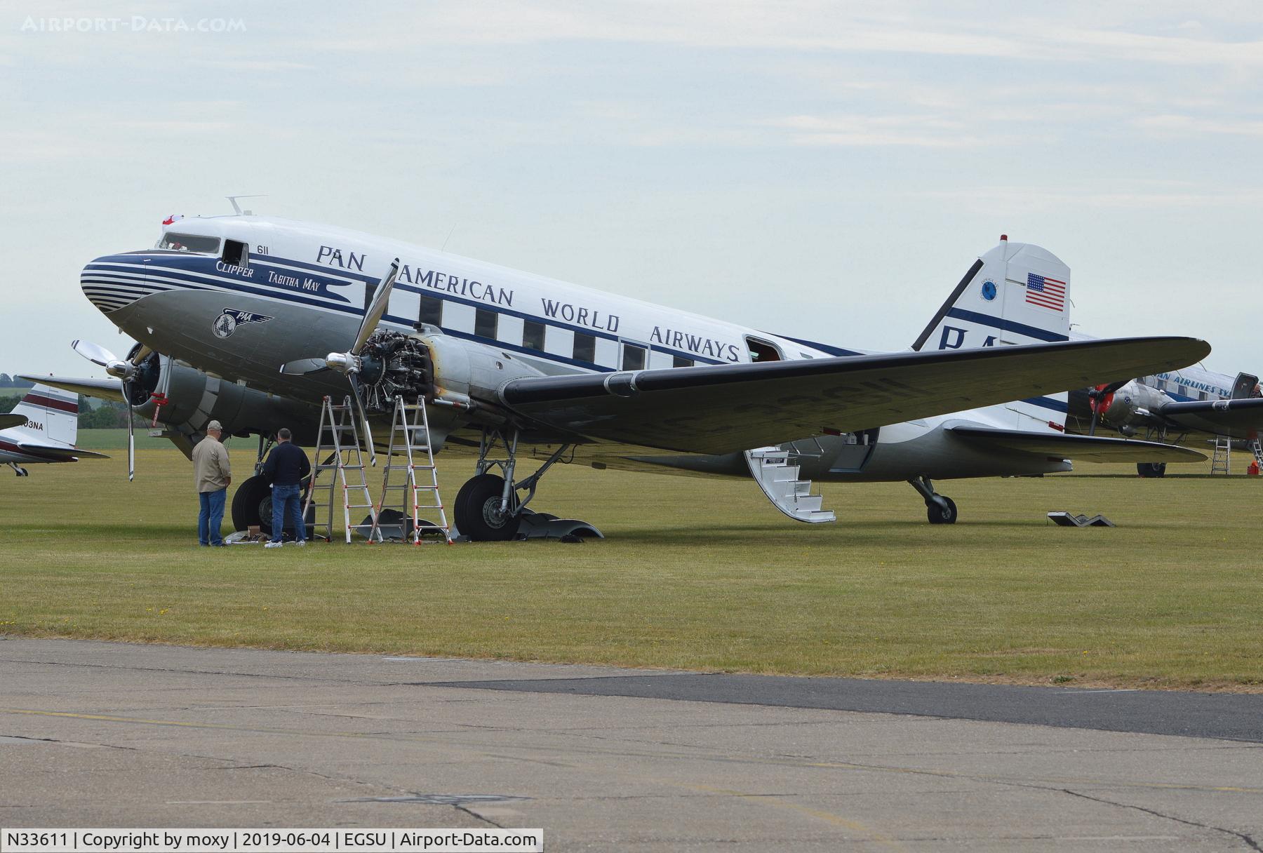 N33611, 1945 Douglas DC-3C (C-47B-50-DK) C/N 34378, (Clipper Tabitha May), 1945 Douglas DC-3C at Duxford receiving some attention to the port engine.