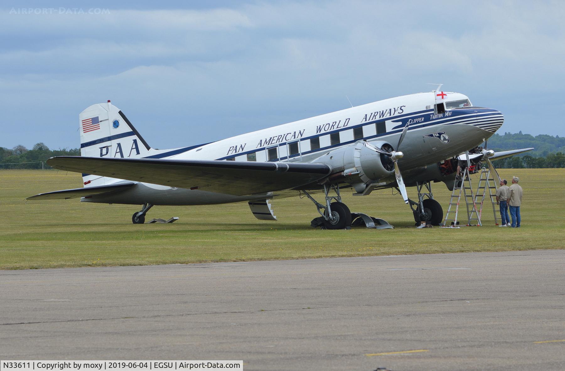 N33611, 1945 Douglas DC-3C (C-47B-50-DK) C/N 34378, (Clipper Tabitha May), 1945 Douglas DC-3C at Duxford receiving some attention to the port engine.