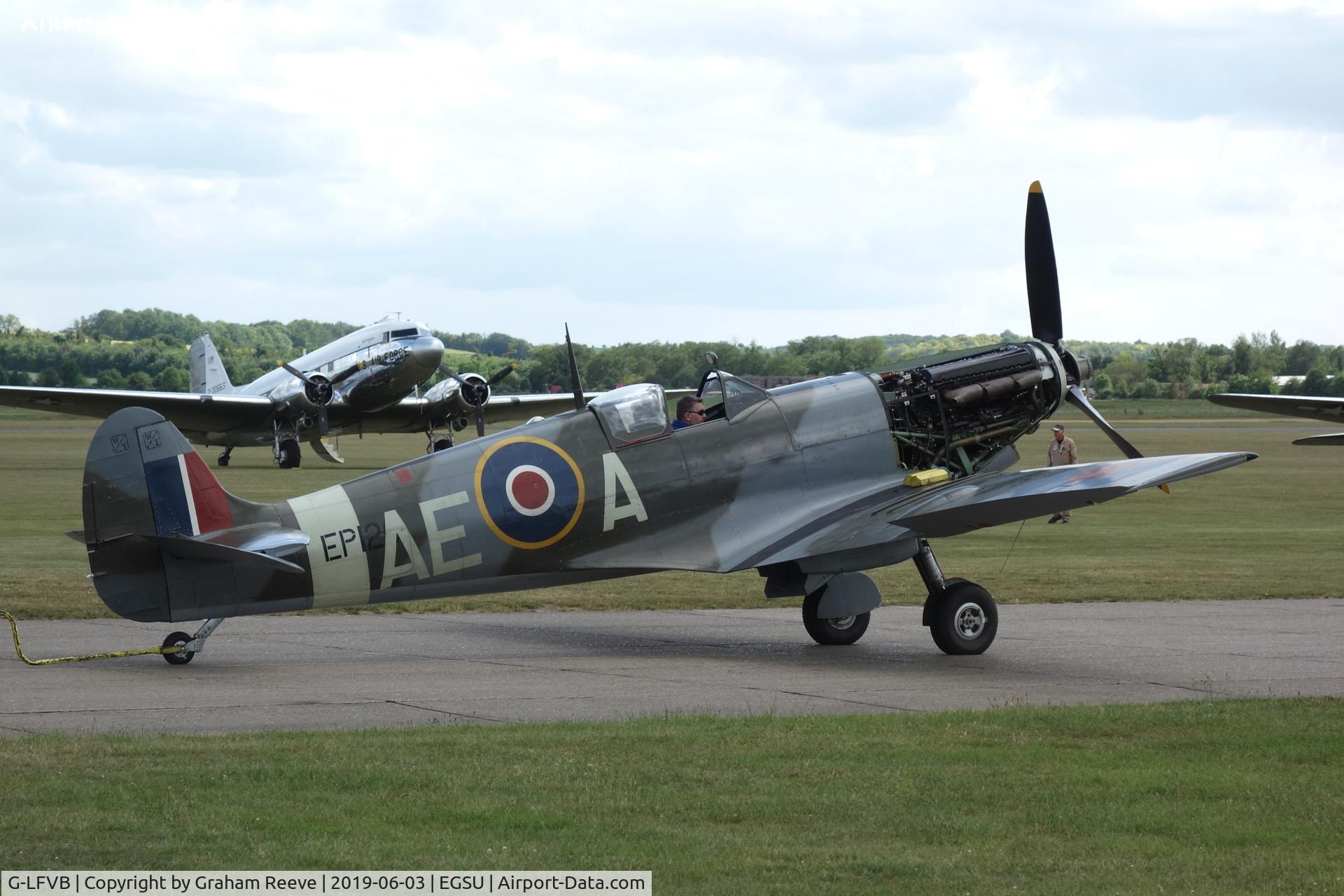 G-LFVB, 1942 Supermarine 349 Spitfire LF.Vb C/N CBAF.2403, Under tow at Duxford.