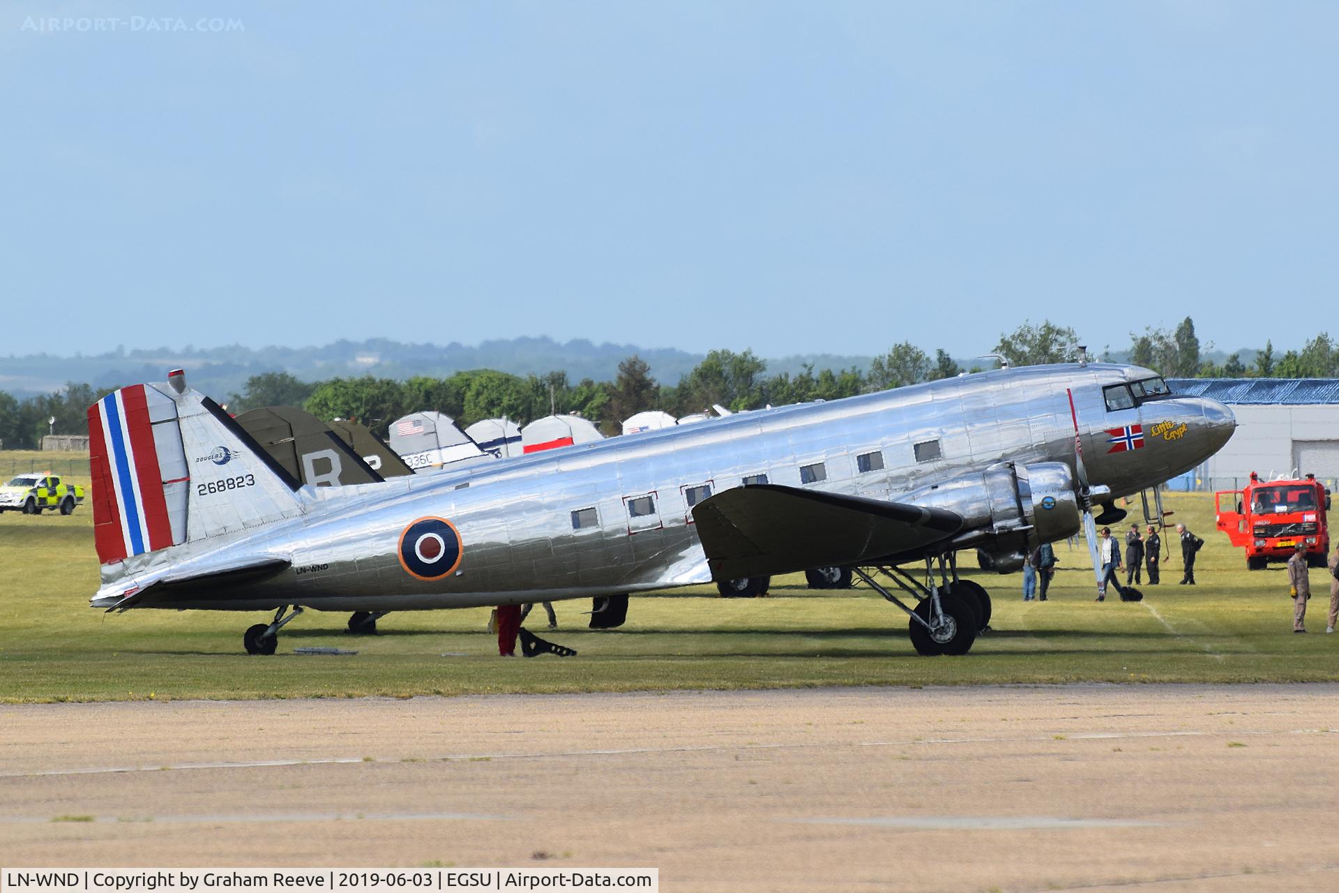 LN-WND, 1943 Douglas C-53D-DO Skytrooper (DC-3A) C/N 11750, Parked at Duxford.