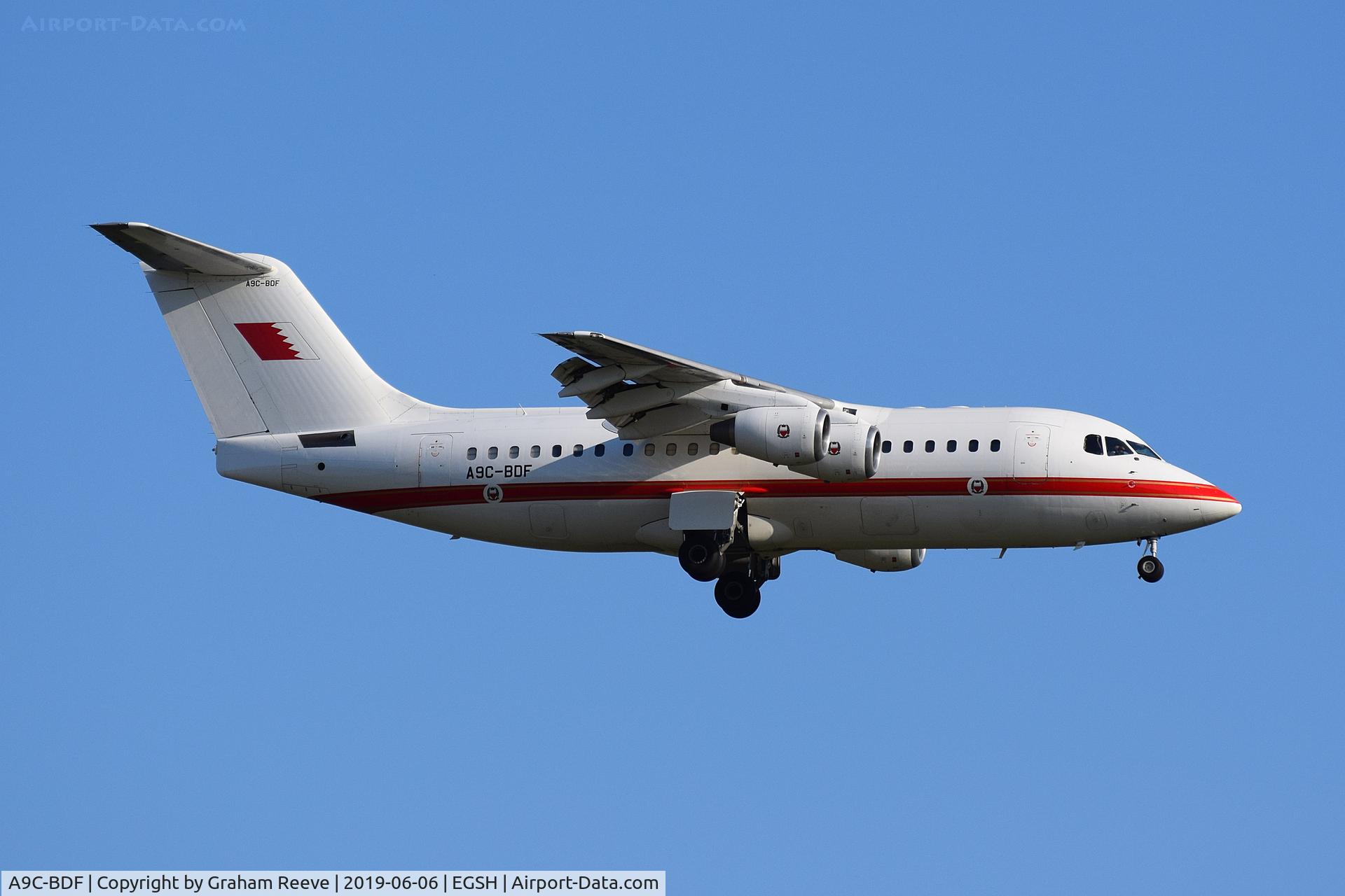 A9C-BDF, 2001 BAE Systems Avro 146-RJ85 C/N E.2390, Landing at Norwich.