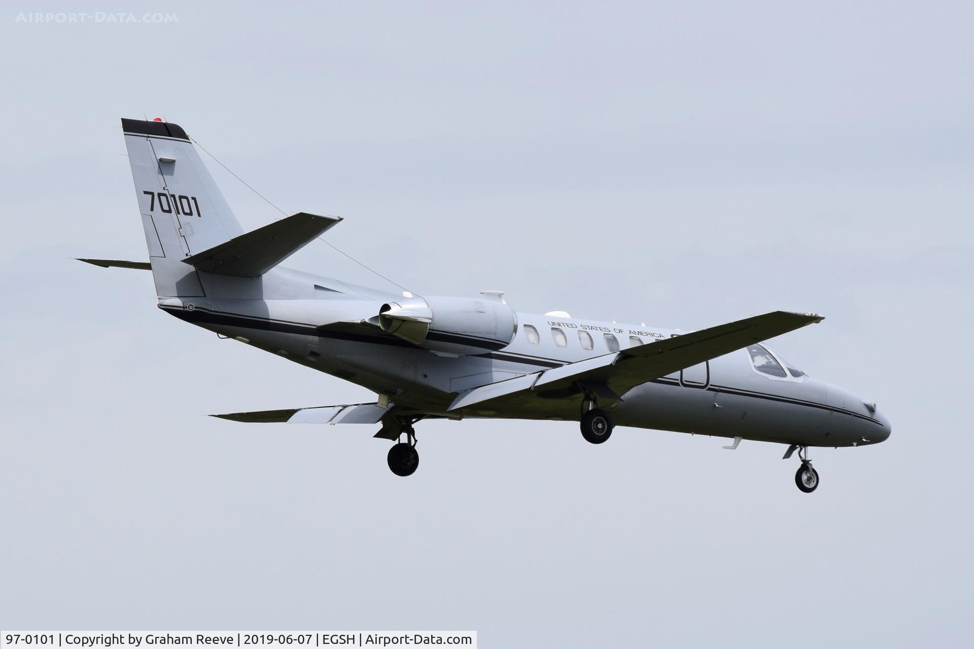 97-0101, 1997 Cessna UC-35A Citation Ultra C/N 560-0452, Landing at Norwich.