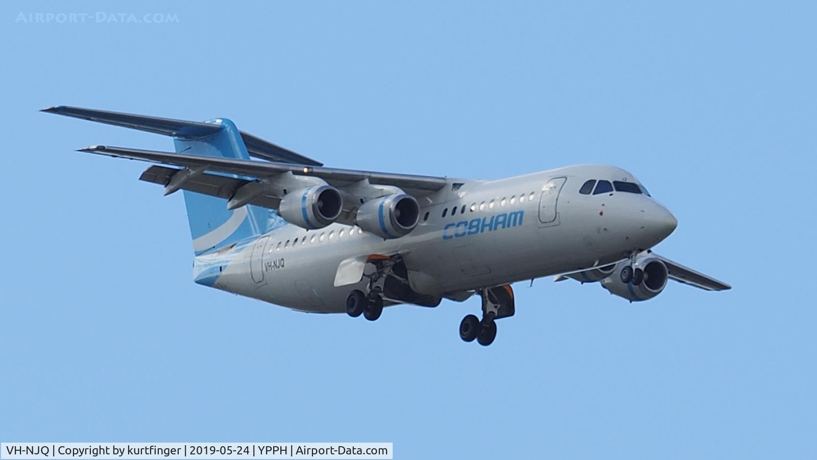 VH-NJQ, 1998 British Aerospace Avro 146-RJ100 C/N E3328, Avro RJ100. Cobham Aviation VH-NJQ, final runway 21, YPPH 24/05/19.