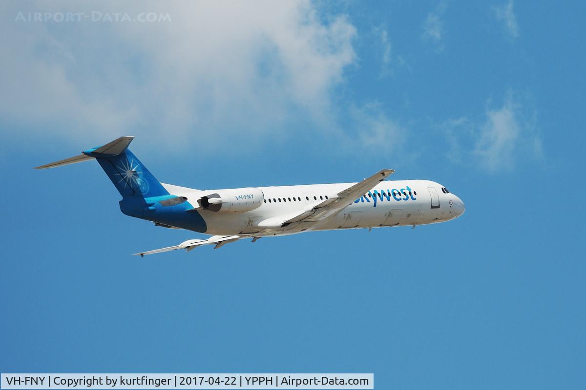 VH-FNY, 1994 Fokker 100 (F-28-0100) C/N 11484, Fokker 100. Skywest VH-FNY, departed runway 21, YPPH 22/04/17