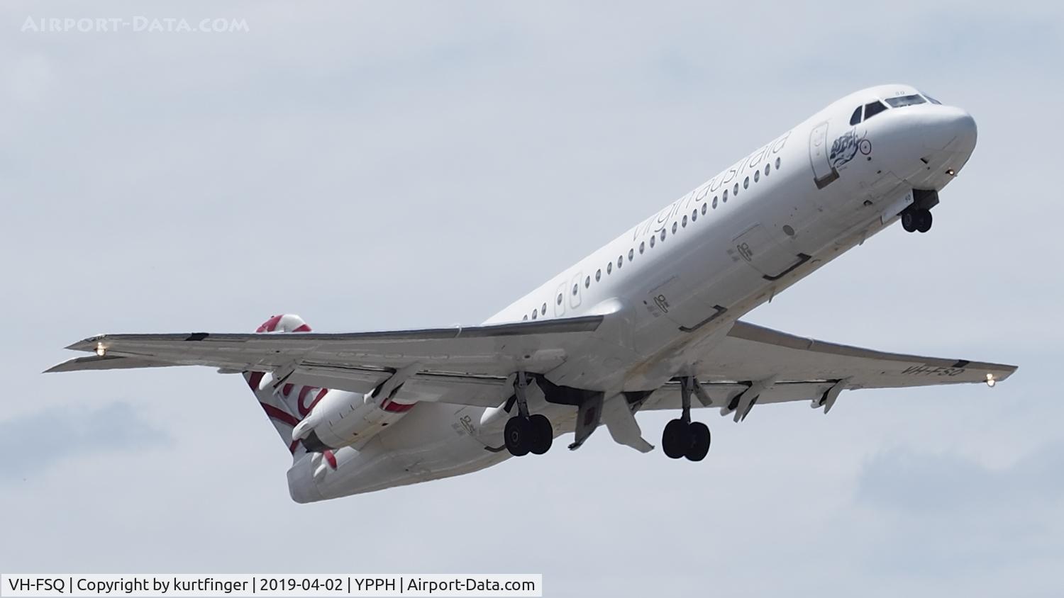 VH-FSQ, 1993 Fokker 100 (F-28-0100) C/N 11450, Fokker 100. Virgin Australia VH-FSQ, departed runway 21, YPPH 02/04/19.