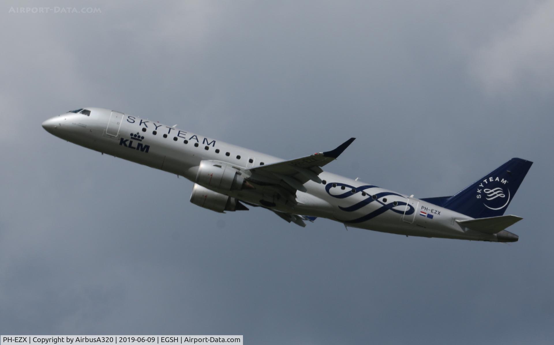 PH-EZX, 2012 Embraer 190LR (ERJ-190-100LR) C/N 19000545, Departing Rwy 27 at Norwich