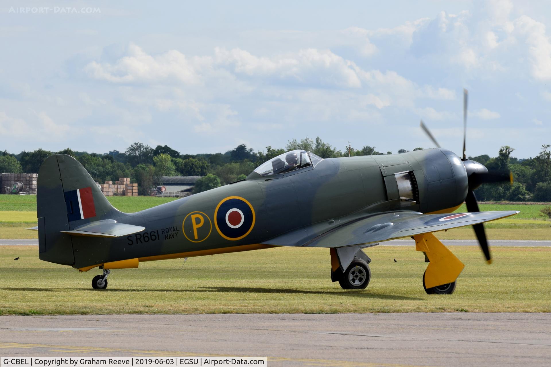 G-CBEL, 1953 Hawker Fury FB11 C/N 37539, Departing from Duxford.