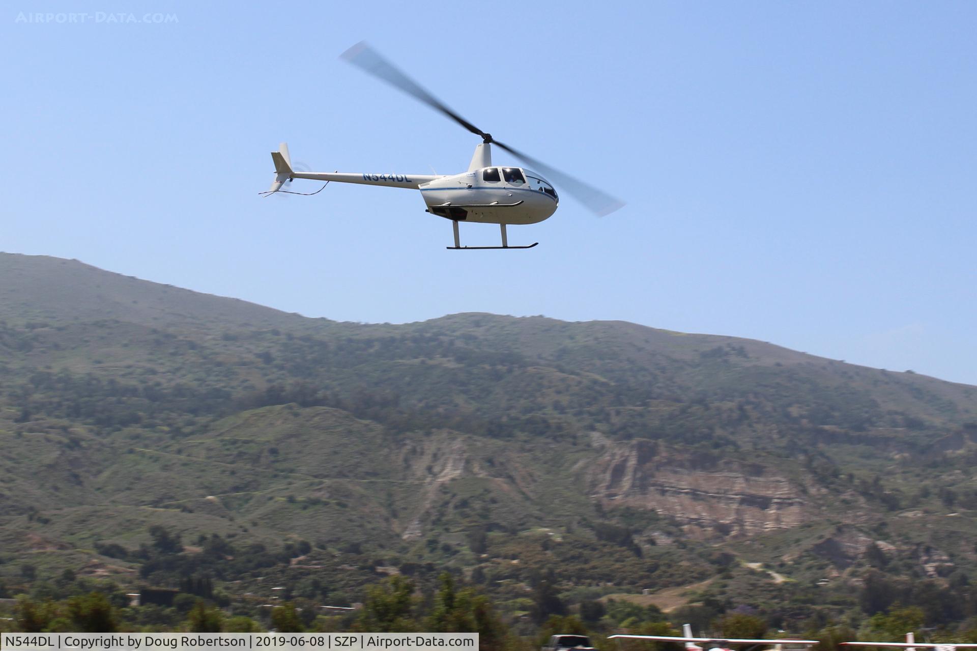 N544DL, 2005 Robinson R44 Raven II C/N 10783, 2005 Robinson R44 RAVEN II, Lycoming IO-540-AE1A5 260 Hp de-rated to 225 Hp for takeoff, 205 hp continuous, turning approach to land near its hangar