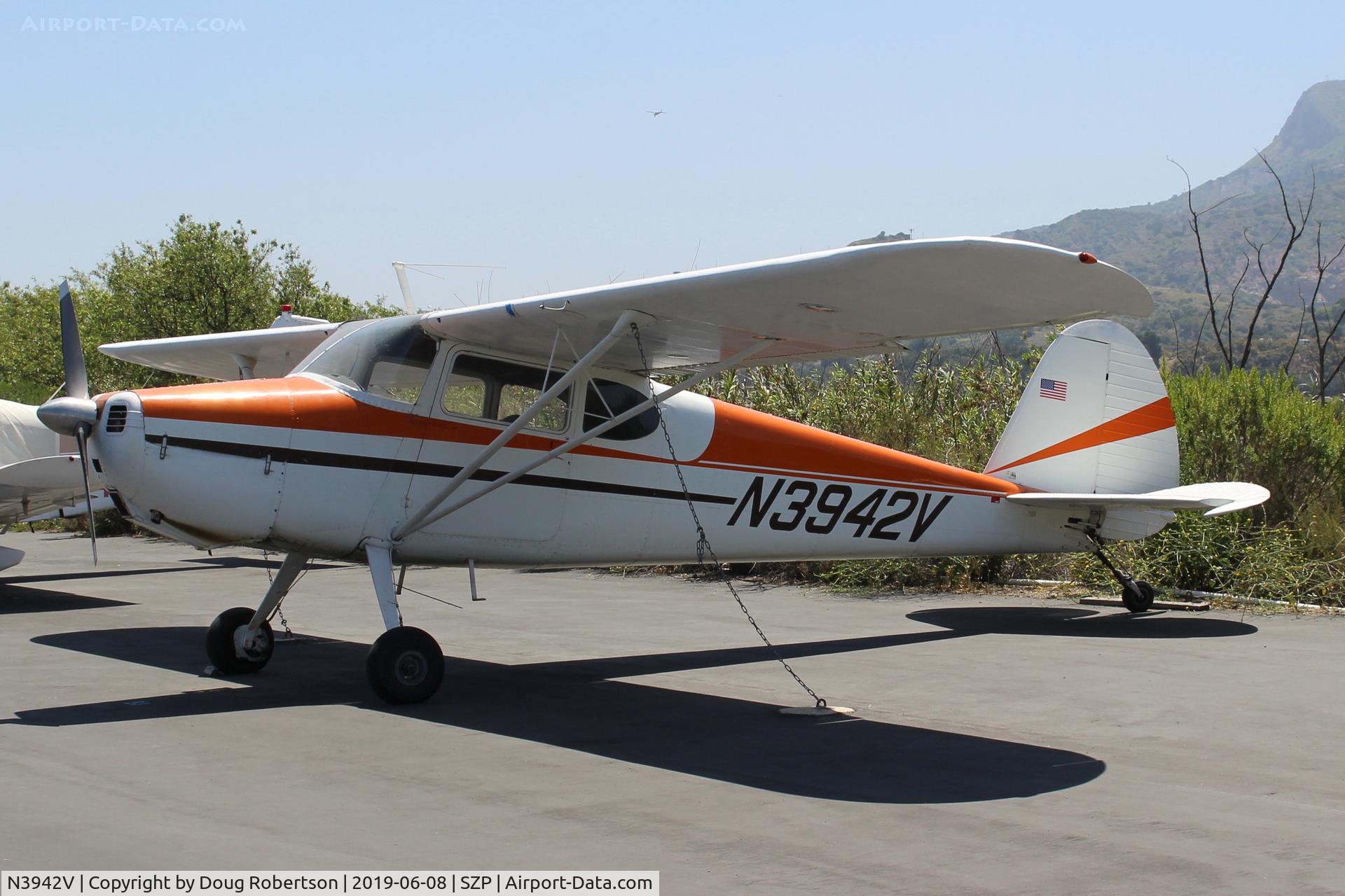N3942V, 1948 Cessna 170 C/N 18261, 1948 Cessna 170, Continental C145-2 145 hp, early 170s had dual wing bracing struts shown here. Note the Pitot tube on aircraft's left wing. After Henri Pitot (1695-1771), French  physicist who invented original instrument for velocity flow measurement.