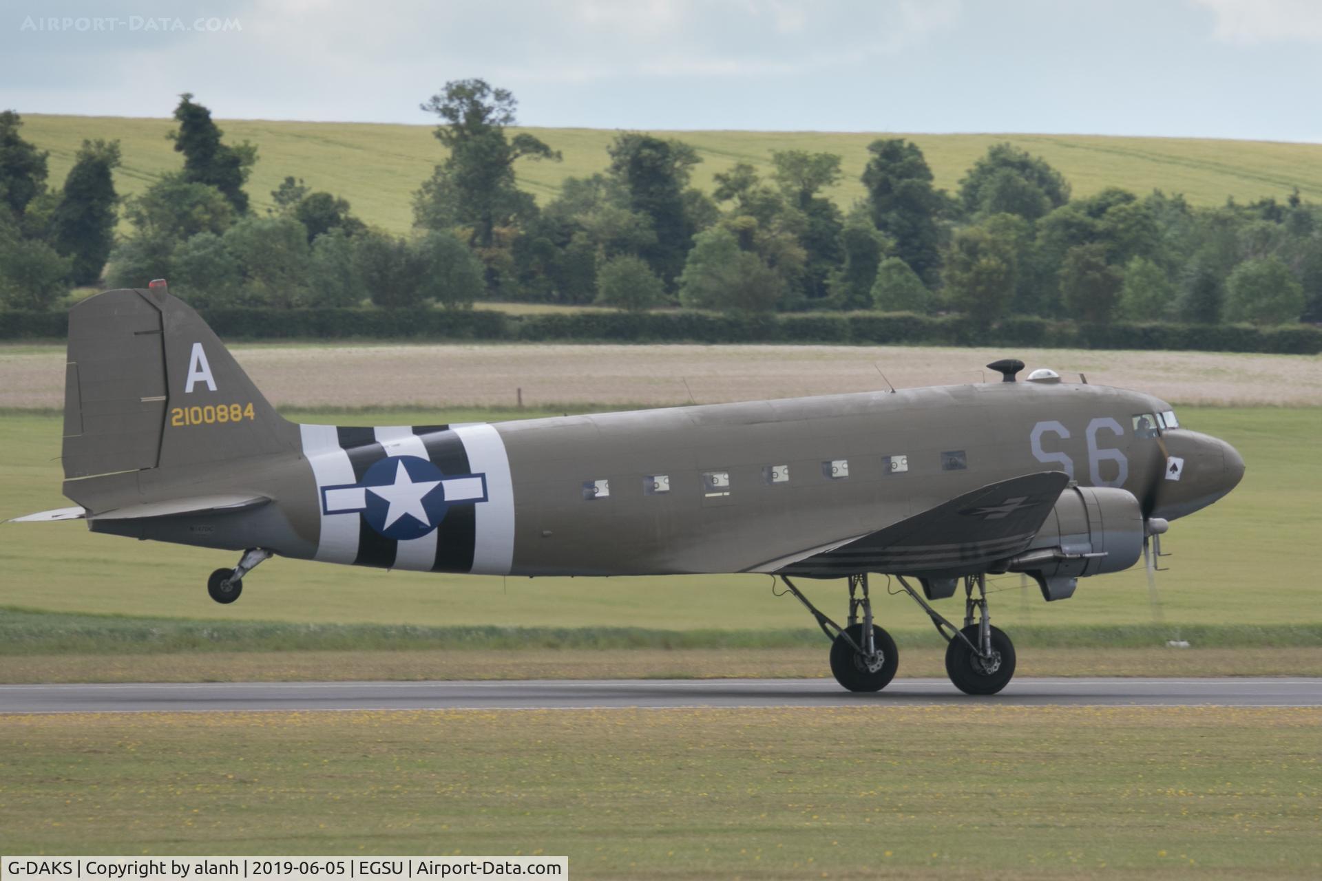 G-DAKS, 1943 Douglas C-47A-75-DL Skytrain C/N 19347, Tail high in the take-off roll at Daks Over Duxford, sporting its latest D-Day re-enaction colour scheme