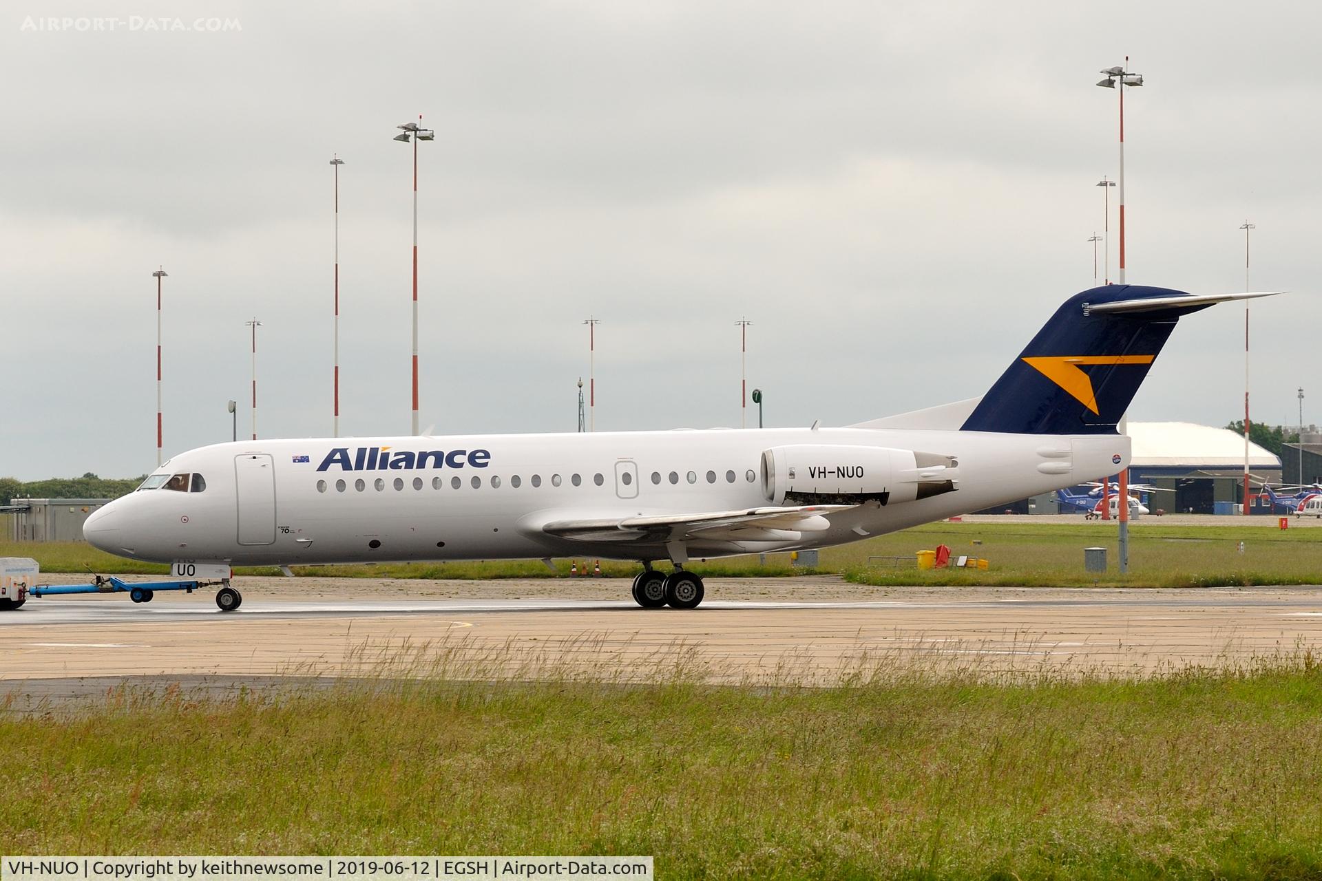 VH-NUO, 1995 Fokker 70 (F-28-0070) C/N 11529, Towed to engine test facility.