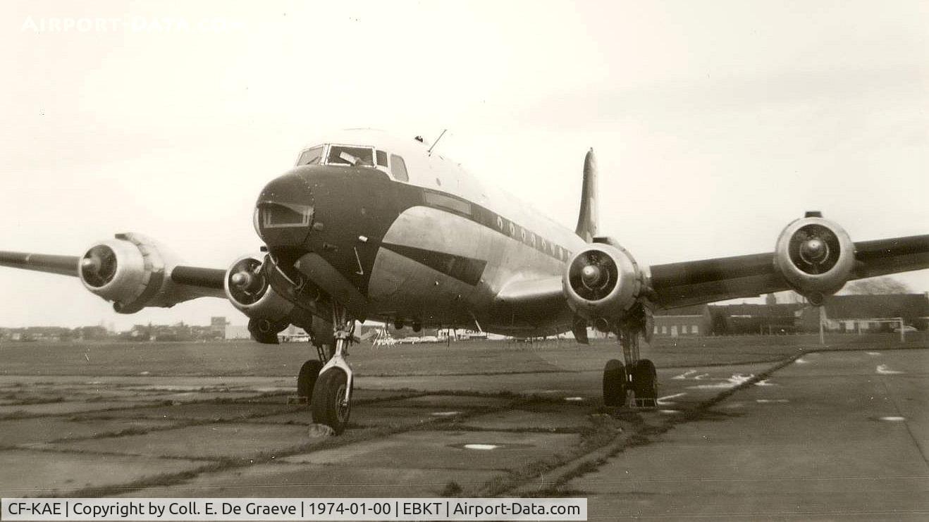 CF-KAE, 1945 Douglas C-54G Skymaster C/N 36029, CF-KAE at Wevelgem in january 1974.
Sold to SOMA-AMAZ , Kinshasa, Congo.
And left EBKT on 1974-01-30